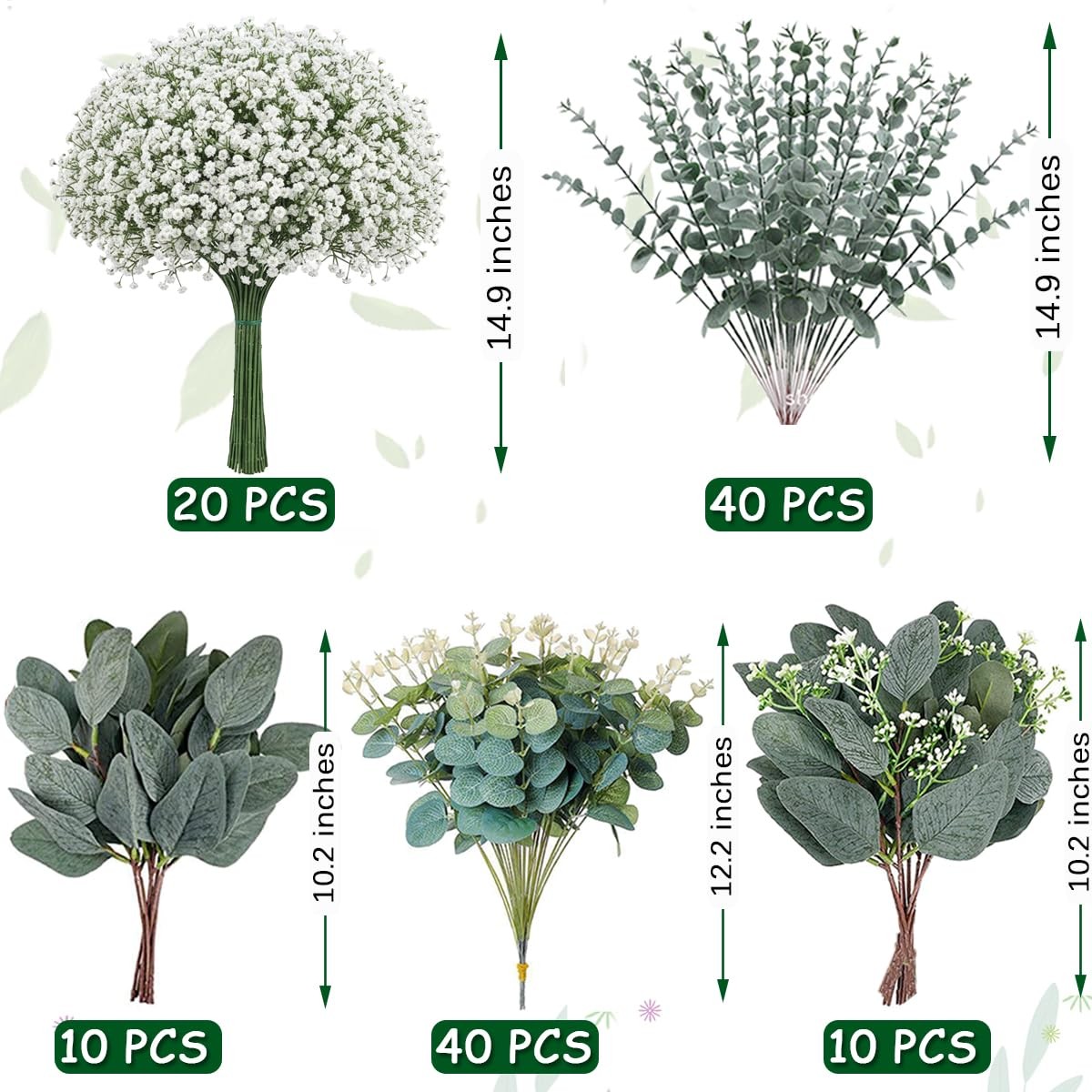 120 Pcs 5 Mixed Eucalyptus Greenery Stems Artificial Baby Breath Flowers Bulk…
