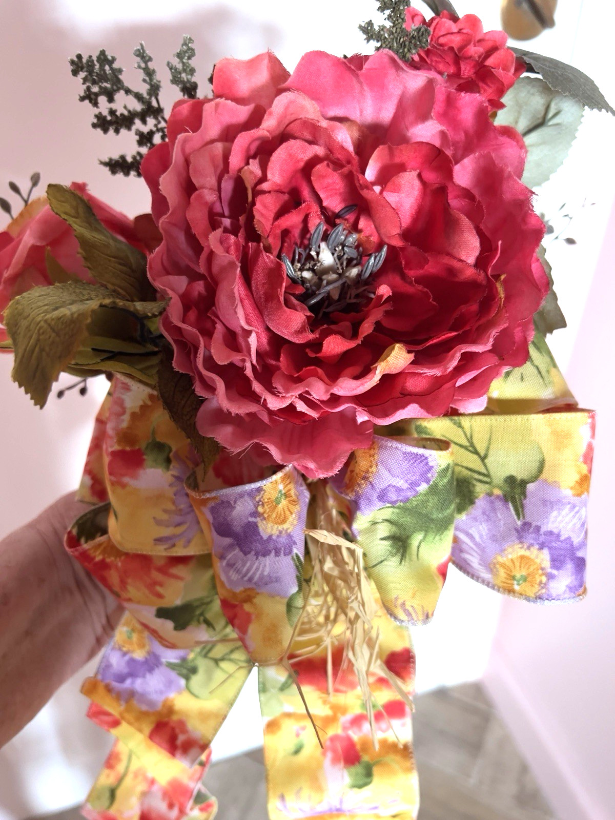 SPRING Flower BOUQUET Handmade Bow Coral Red Yellow Purple Peony Rose Zinnia
