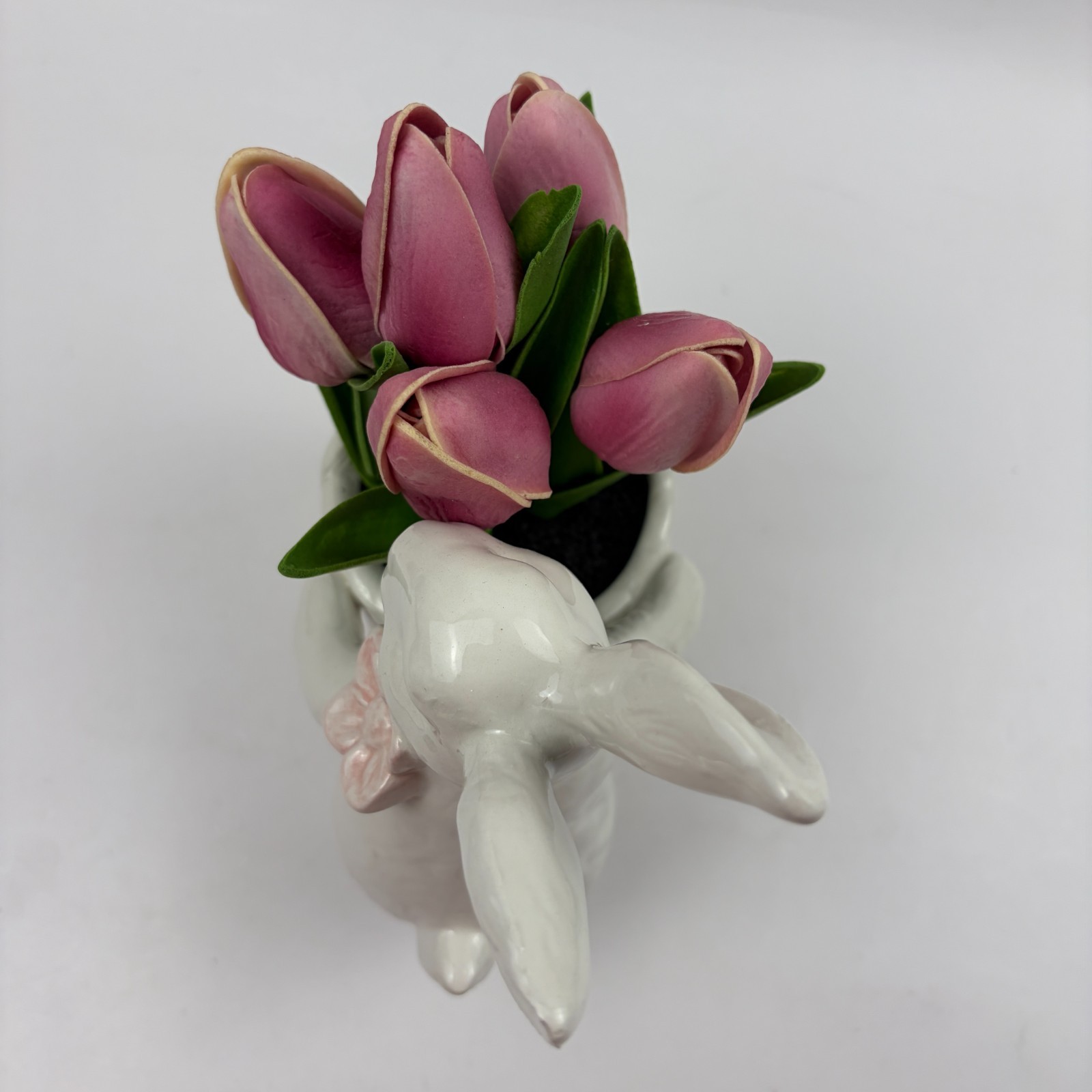 Easter Bunny Ceramic Planter Pink Tulips Spring Decor Table Centerpiece