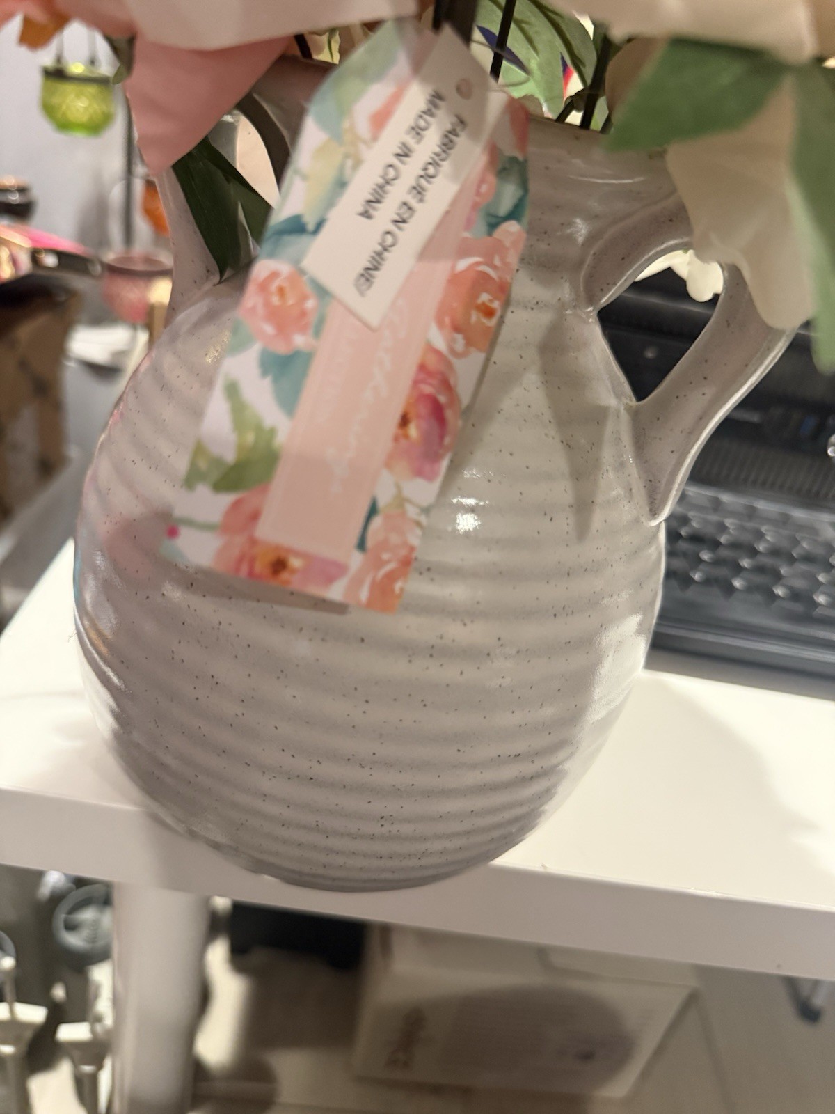 🌺 Artificial 🌹 Roses Peony Flowers Arrangement Double Handle Ceramic Vase 🆕