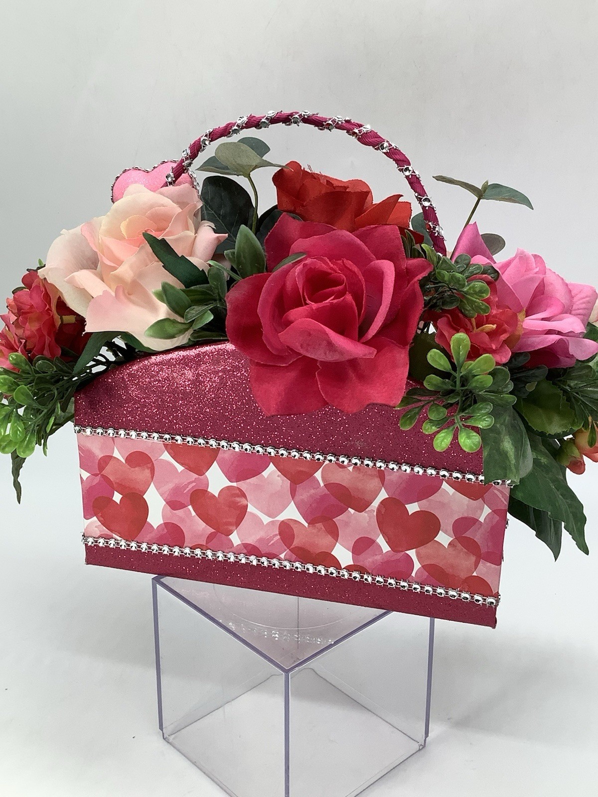 Handmade Valentines Day Pink Red Heart Purse Floral Arrangement Centerpiece