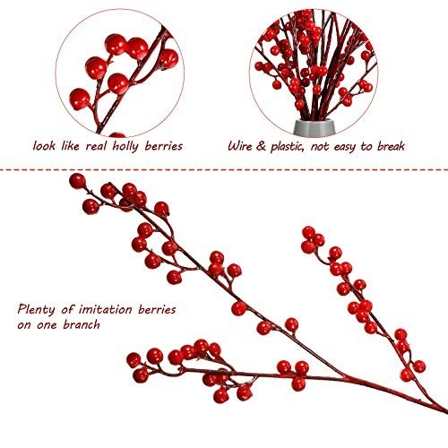 Artificial Red Berry Stems 21.6″ Christmas Decor, Holly Branches, 16 Pcs