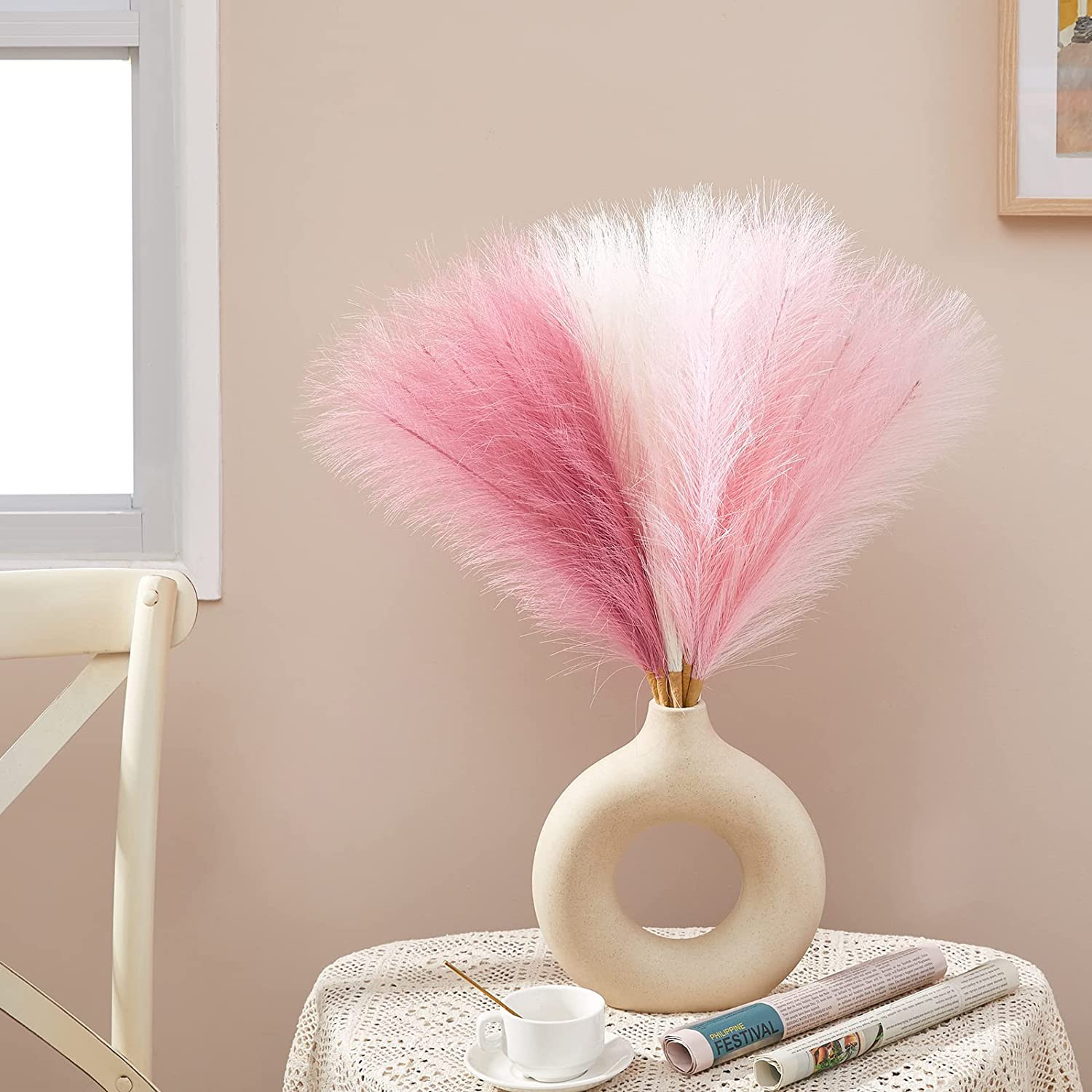 Pampas Grass Pink Decor 17.7 Inch 6Pcs, Faux Pampas Grass Home Decor, Artificial