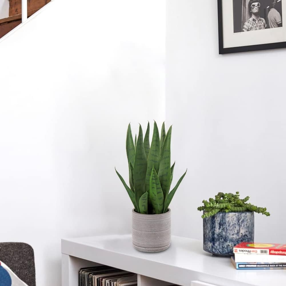 Fake Snake Plant 16″ Faux Potted Plant Artificial Snake Plant with Cement Pot…