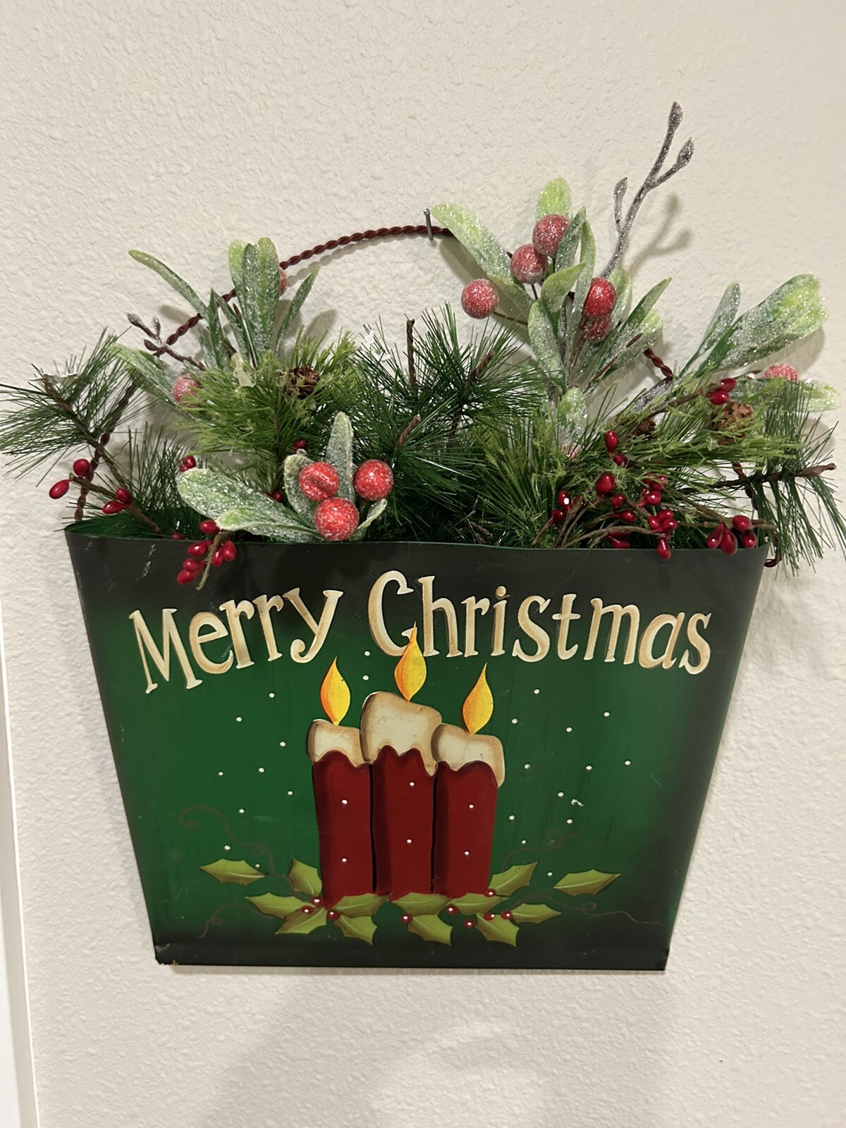 Merry Christmas Wall Decor Painted Tin Bucket with Artificial Berries and Pine