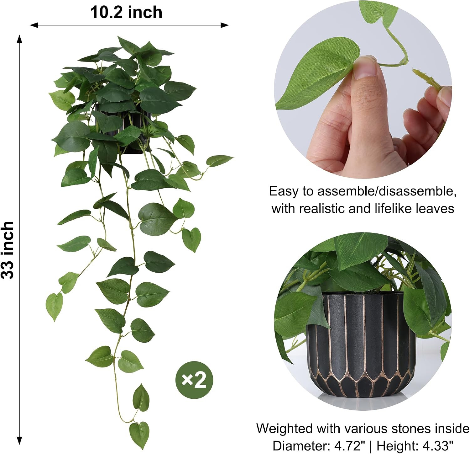 2 Pcs Faux Pothos Plants – Realistic Indoor Hanging Decor for Home & Office