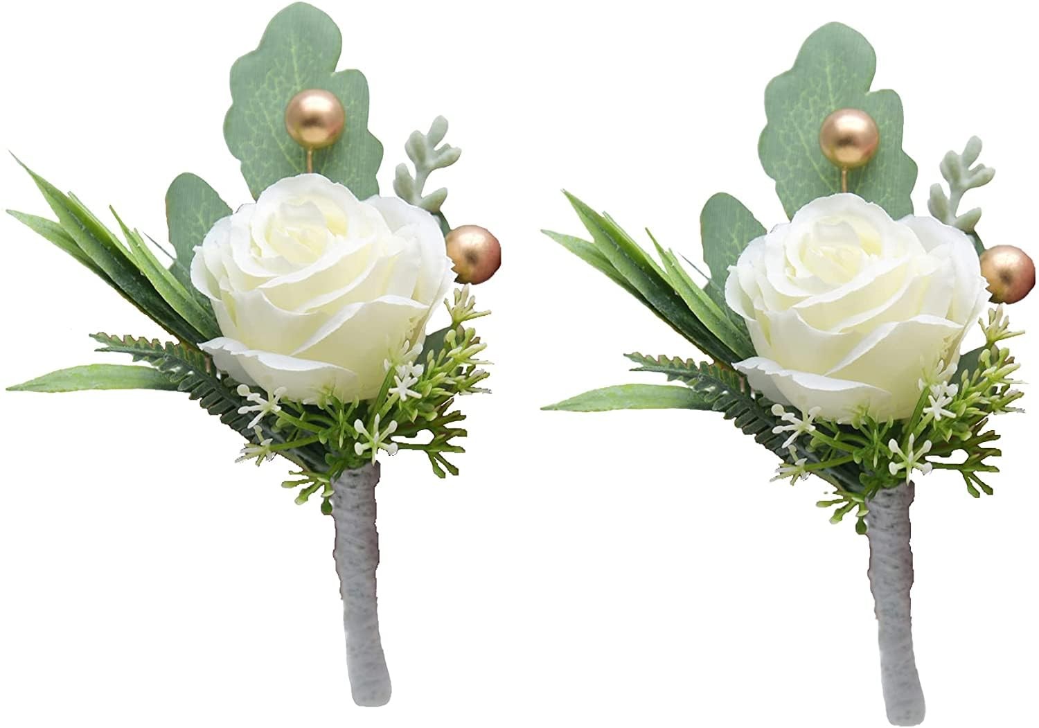 2Pcs Roses Boutonniere for Men Wedding, Groom Groomsman Artificial White Rose…