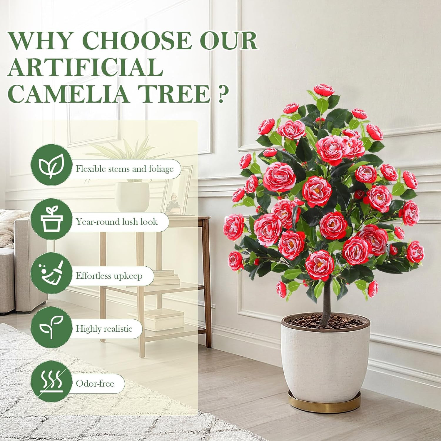 2 Pack 4Ft UV Resistant Faux Camellia Plants for Outdoor Decor, Red & White