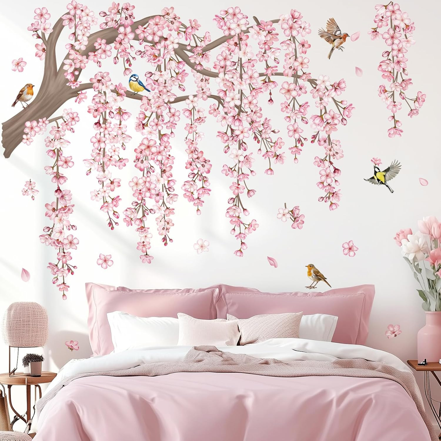 Large Pink Flower Tree Branch Wall Decals Cherry Blossom Tree Floral Birds Wall