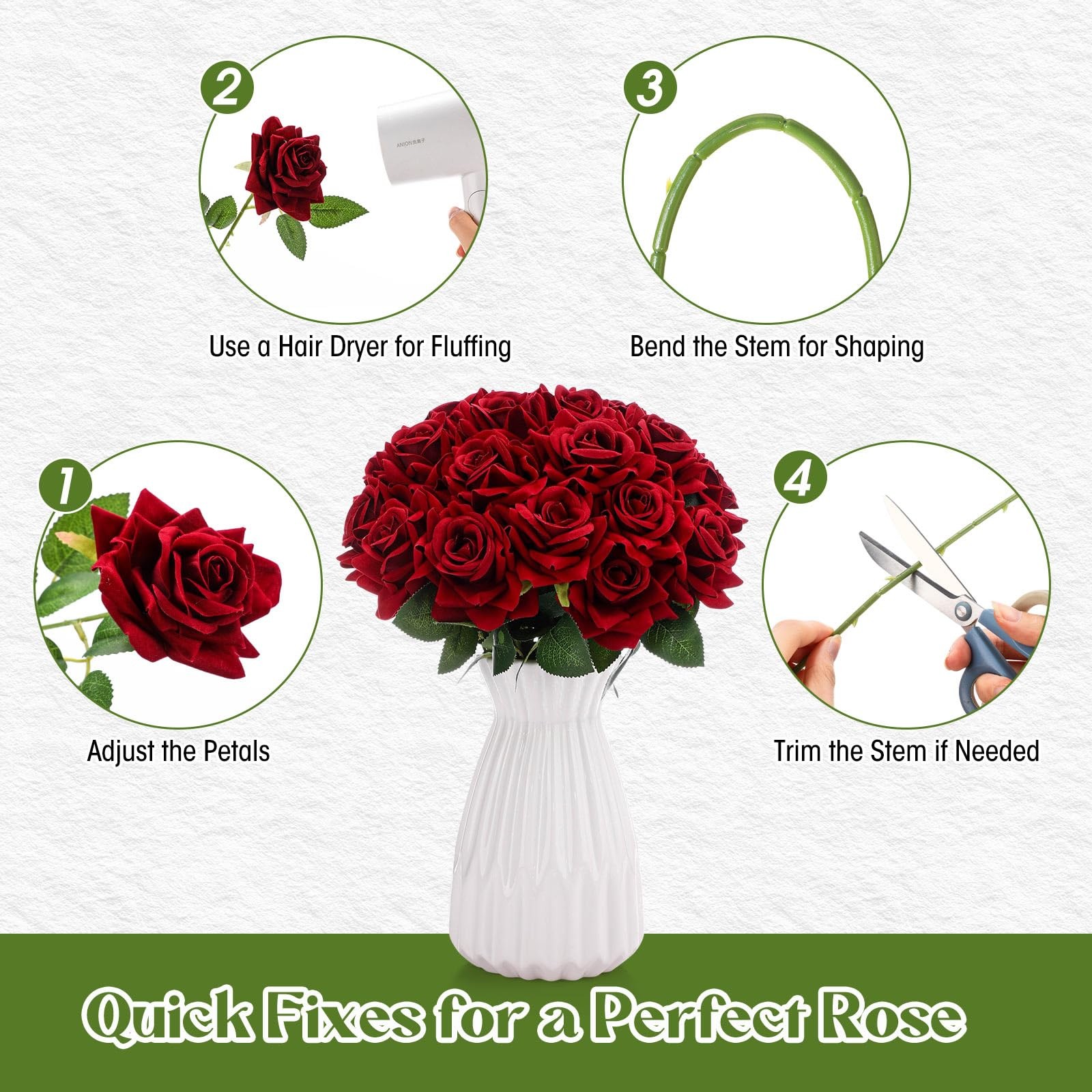20 PCS Red Roses Artificial Velvet Flowers Fake Silk Rose Faux Floral Bouquet