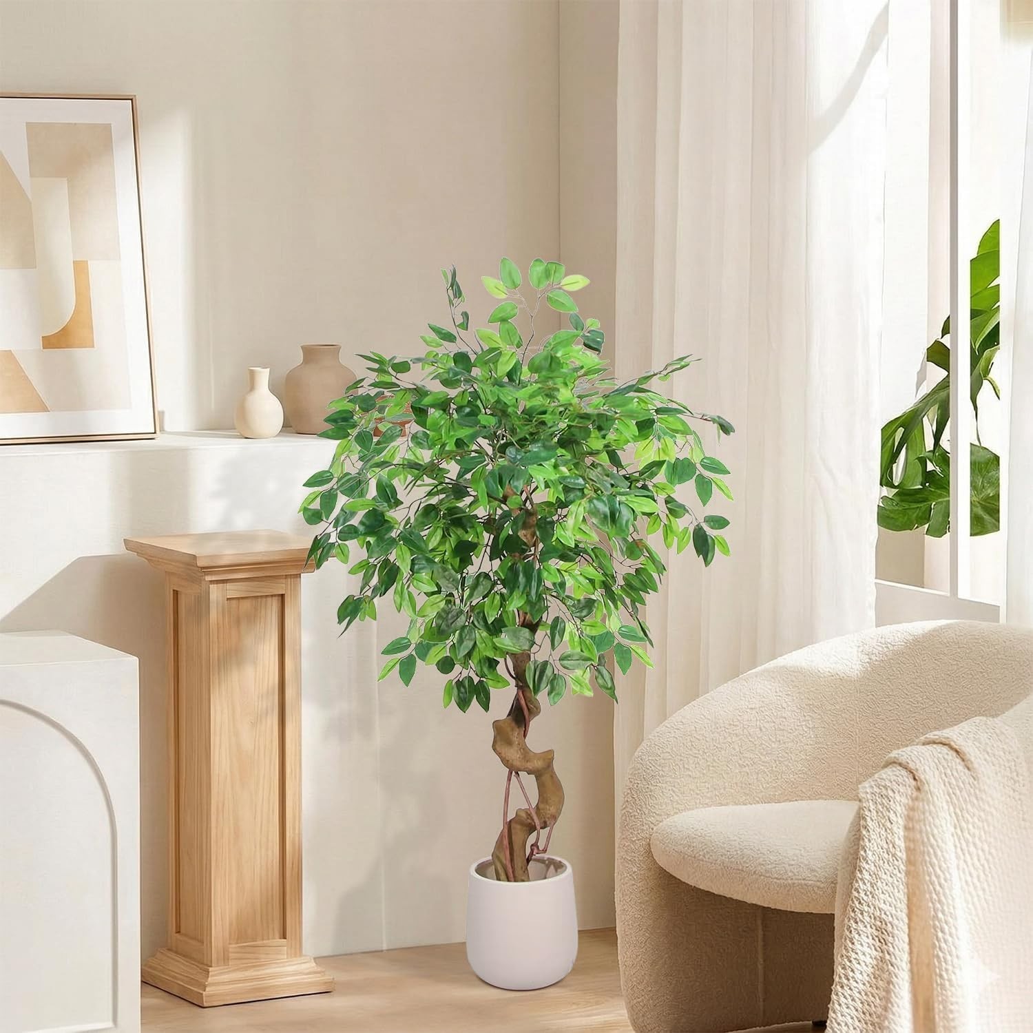 4FT Artificial Ficus Tree,Large Fake Tree with White Planter, Tall Faux Ficus…