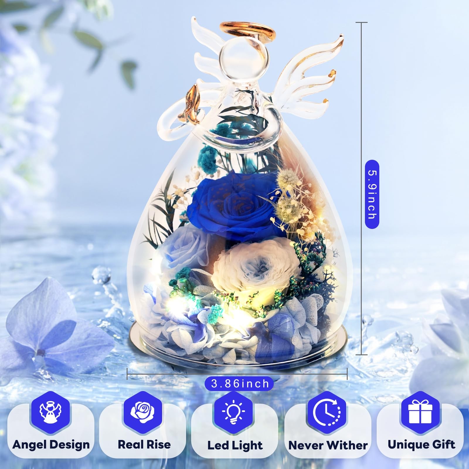 Blue Preserved Rose Angel Figurine Christian Memorial Sympathy Gift For Her