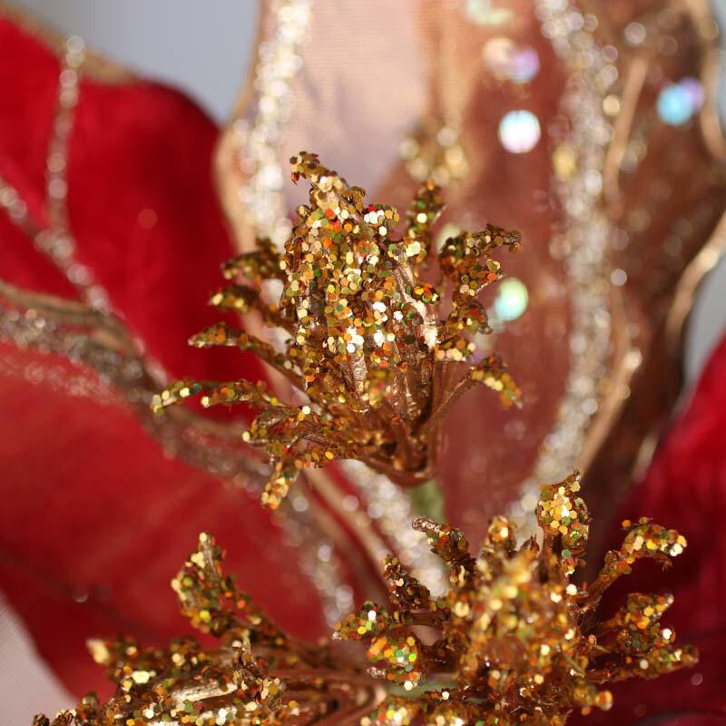 Red and Gold Velvet and Mesh Artificial 16″ Magnolia Leaf Stem