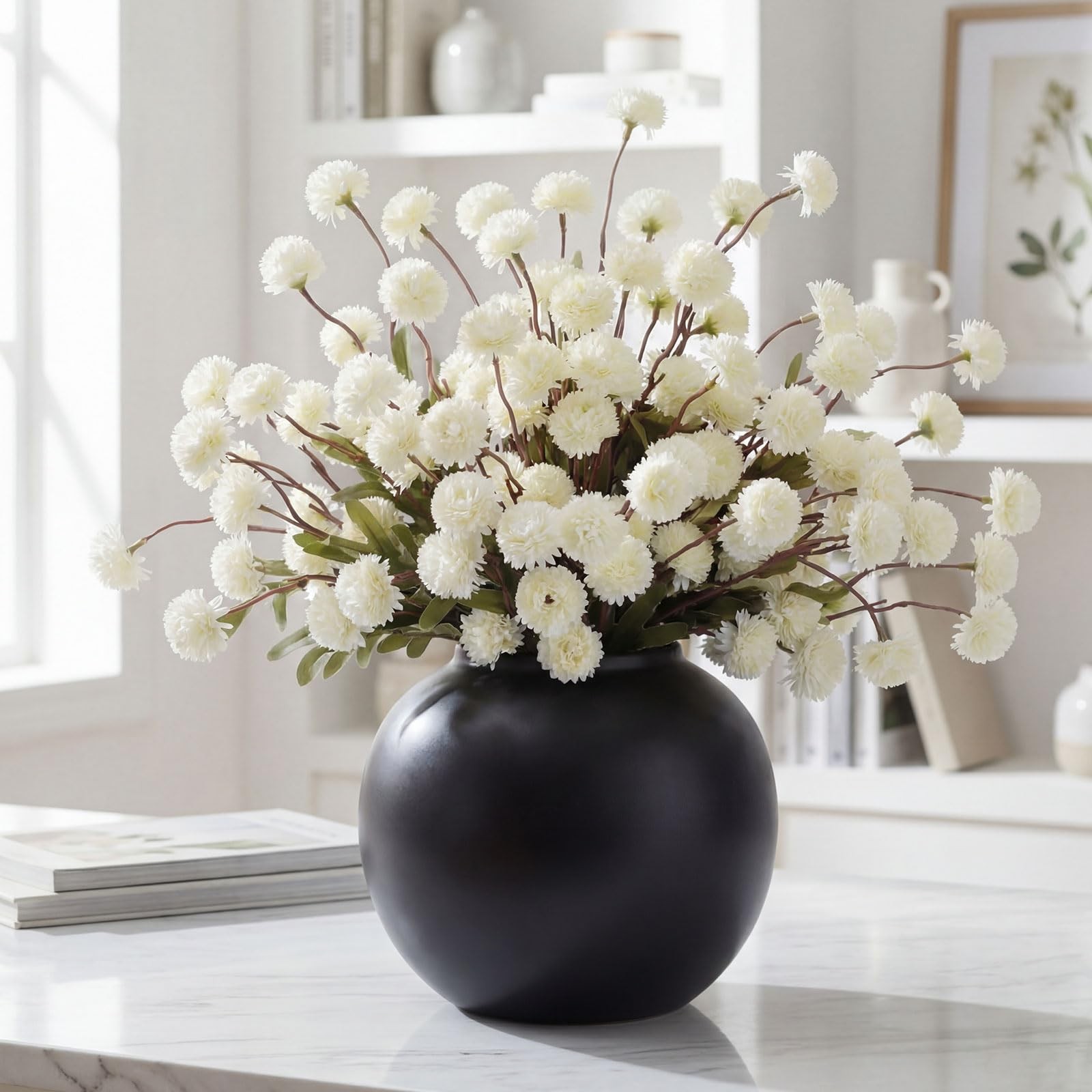 24 Pcs Creamy White Artificial Chrysanthemum Flowers, Faux Silk Mums with Fle…