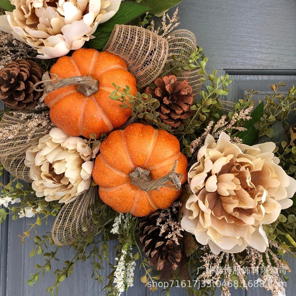 Autumn Wreath with Pumpkin Maple Leaf Eucalyptus Berries for Indoor Outdoor Use