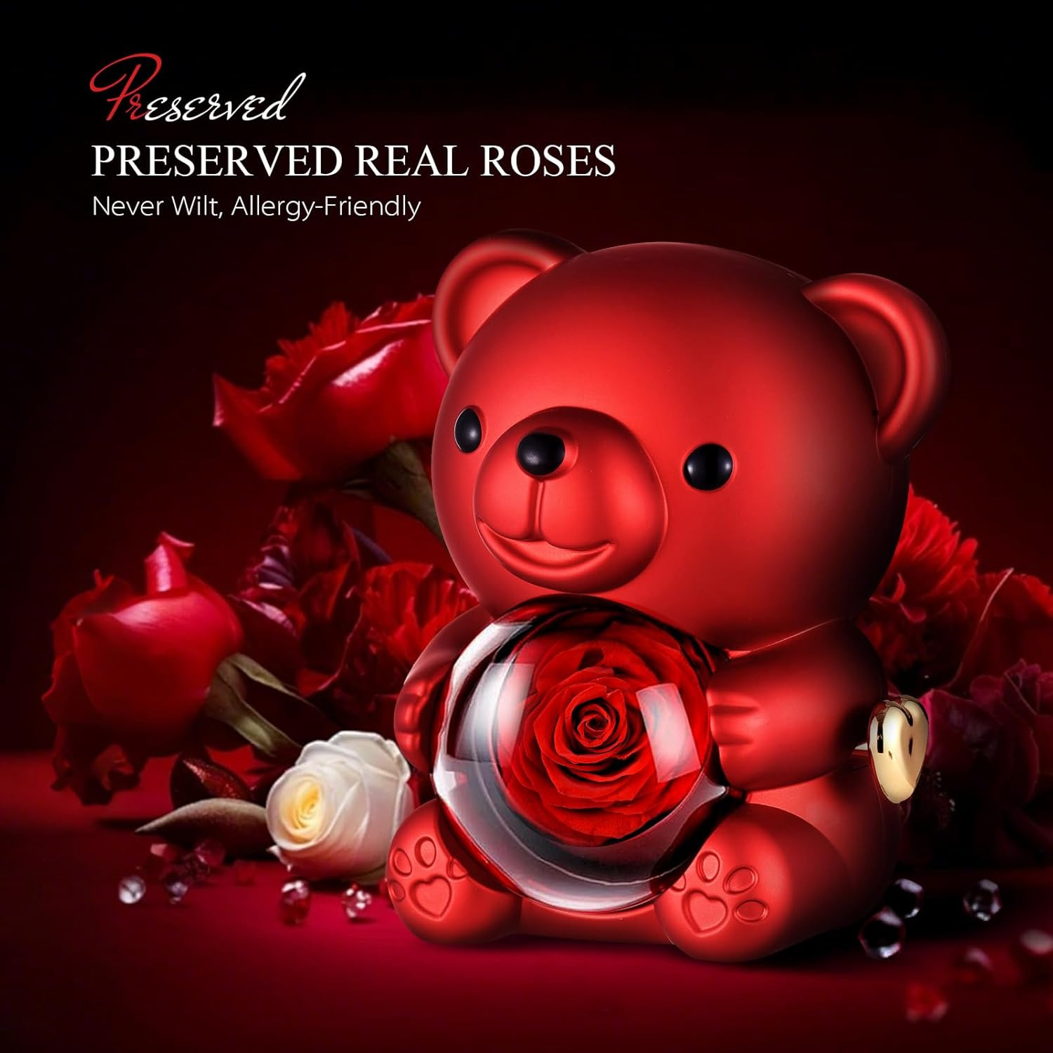 Romantic Hug Teddy Bear with Necklace, Preserved Red Rose, Gift Box for Women