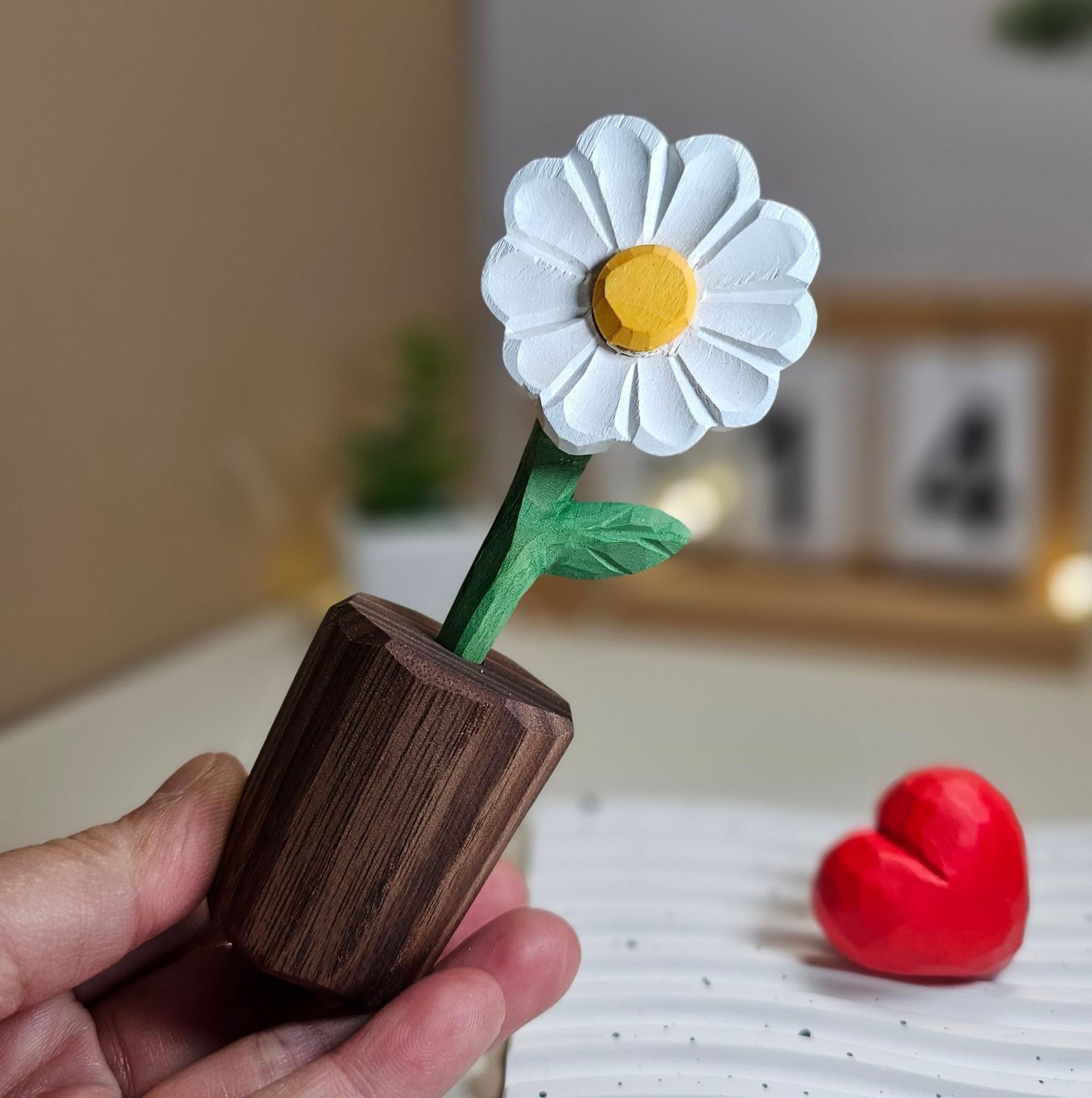 Hand-Carved Wooden Flower with Red Heart – Handcrafted Everlasting Wood Sculp…