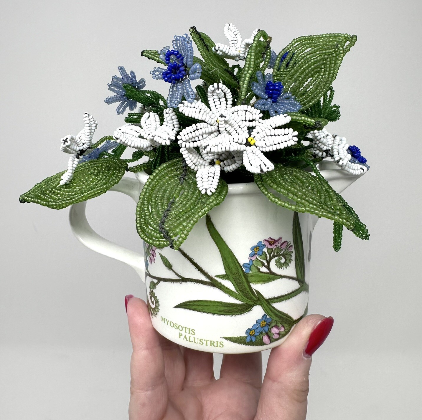 Beaded Glass Flower Bouquet Forget Me Not & Portmeirion Botanic Garden Pot
