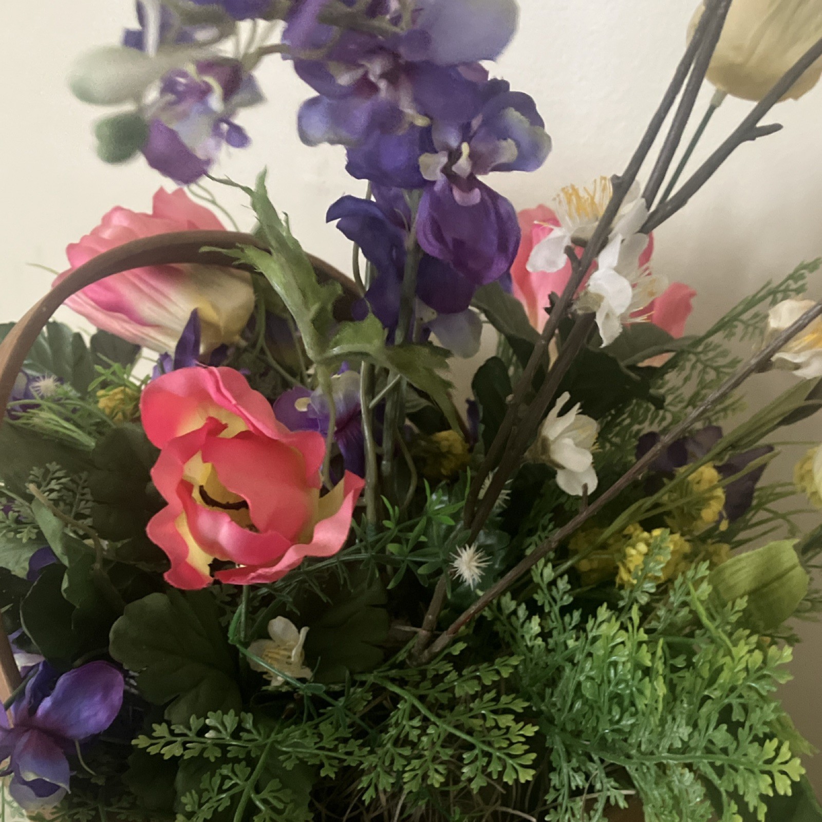 Artificial Tulip Flower Basket Arrangement Pink Purple Green Yellow