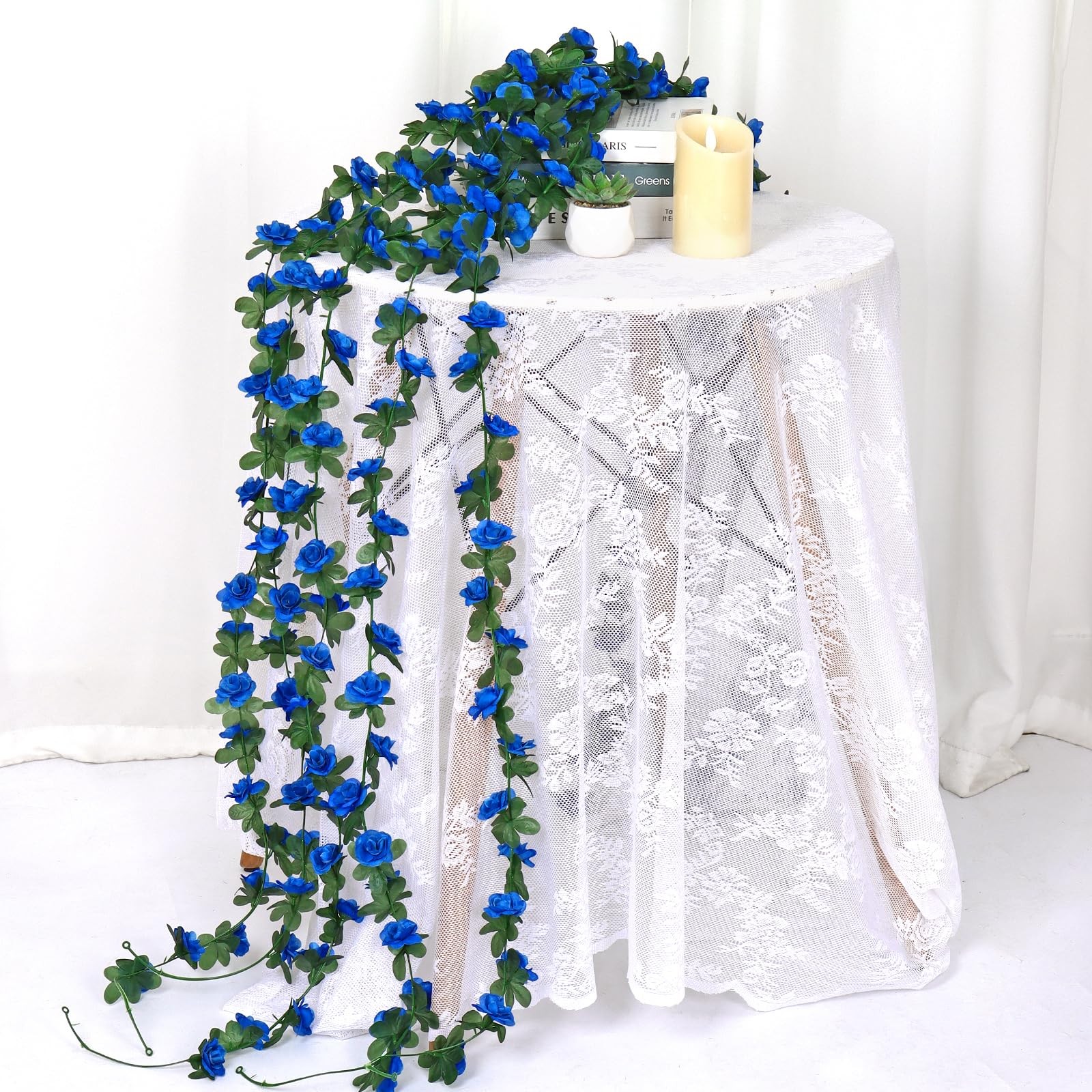9 Pack 72 FT Artificial Flower Garland, Fake Blue Roses Vines Silk Flowers Fa…