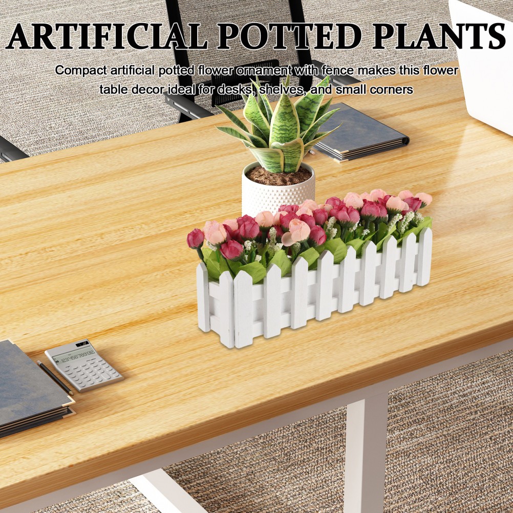 Simulation Flower Bonsai with Fence Rosy Artificial Flower for Home Office Desk