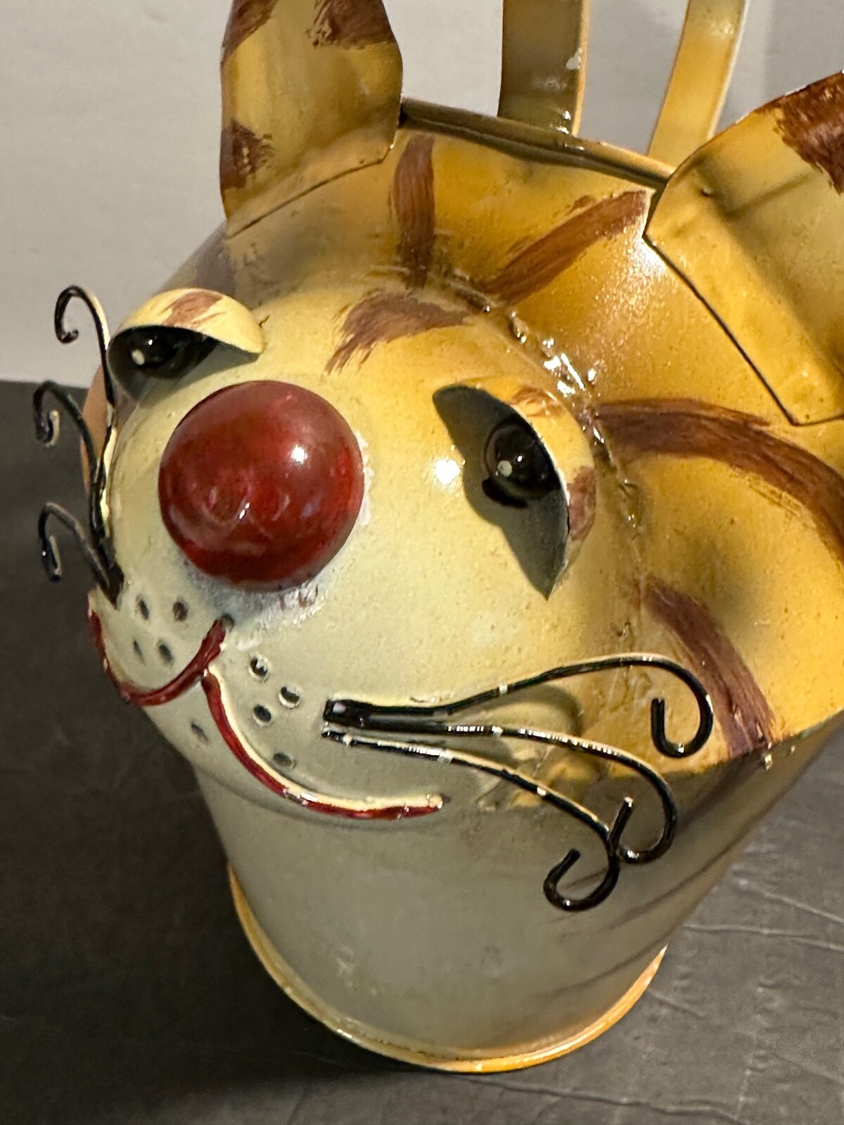 Metal Hand-Painted & Distressed Whimsical Yellow Tabby Kitty Cat Watering Can