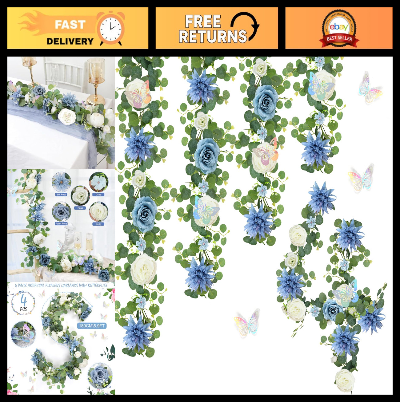 Eucalyptus Flower Garland 4-Pack – 5.9FT Faux Rose Greenery with Butterflies for