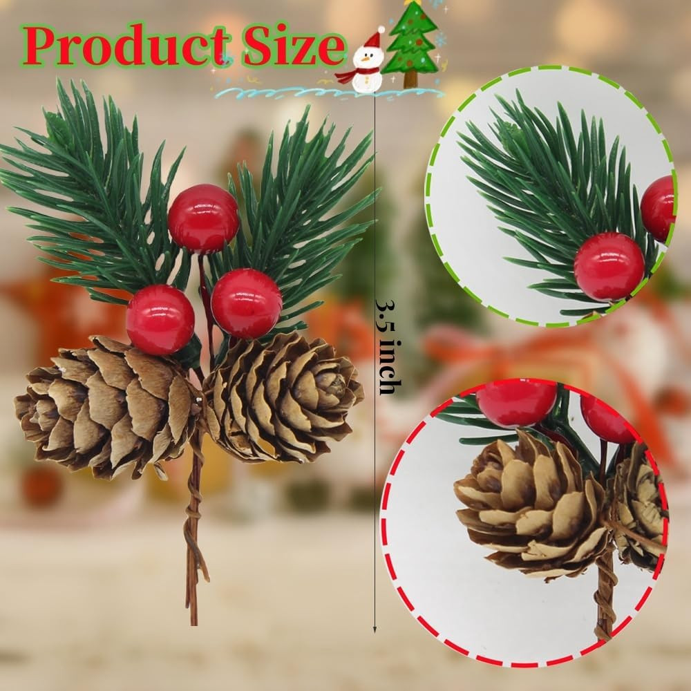 Christmas Floral Picks, 30Pcs Pine Cone Holly Berry Stems for Crafts, Artificial