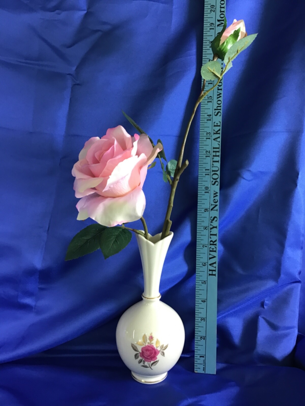 Lenox Vase with Pink Rose & Bud Artificial Flower Arrangement