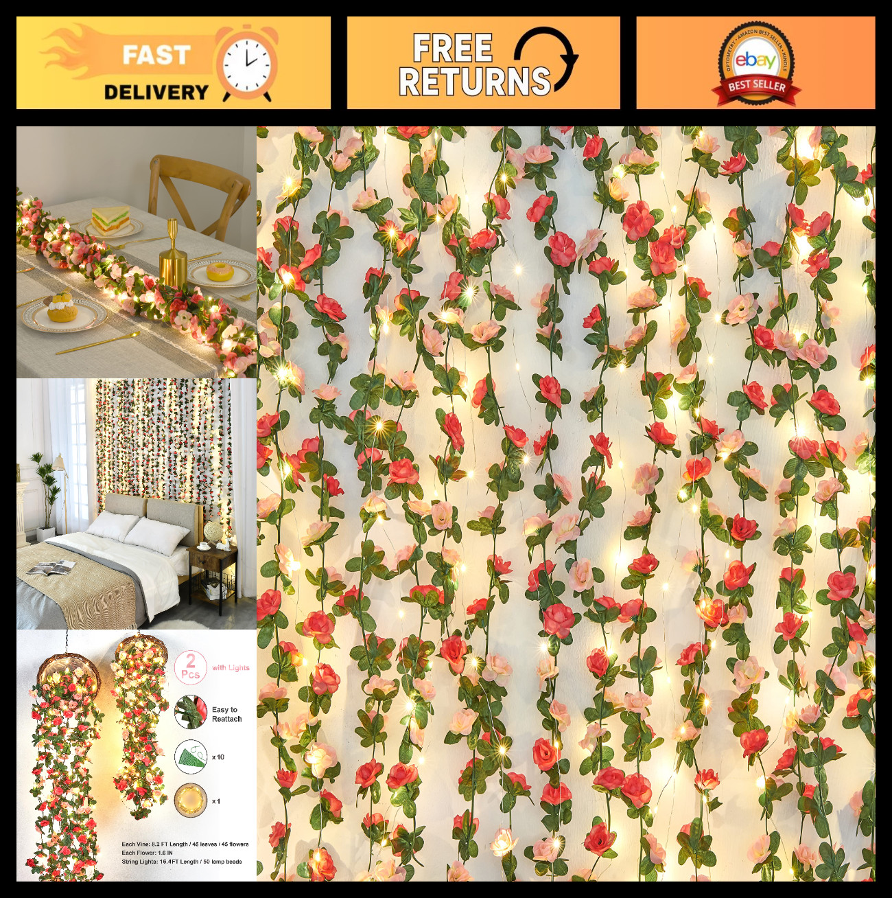 2Pcs 16.4Ft Artificial Flower Garland Vines with String Lights – Wedding Party D