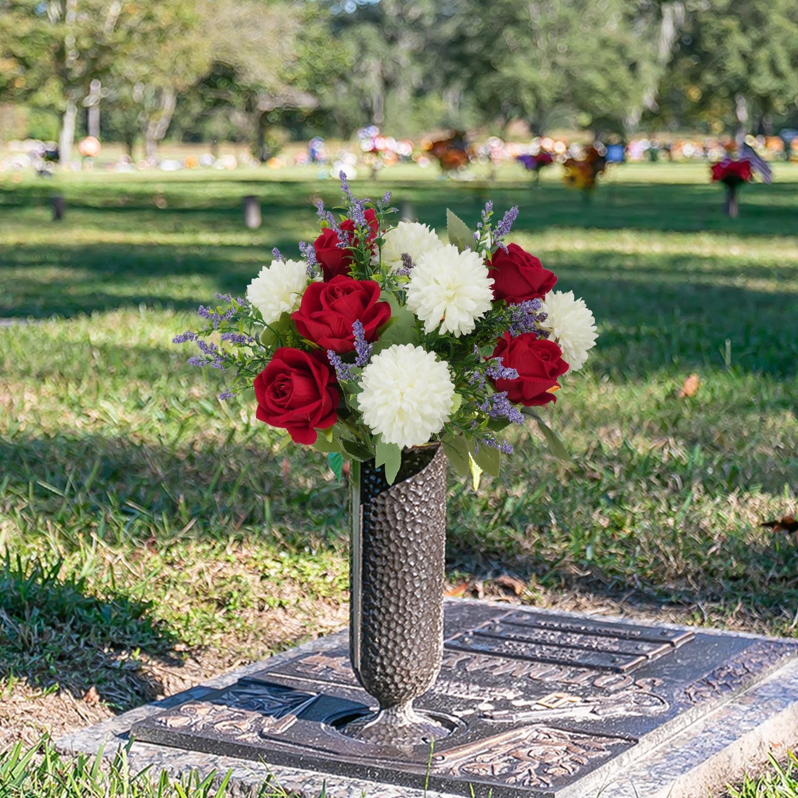 12 Inch Cemetery Flowers for Grave Fake Flower Bouquet Red Rose Silk