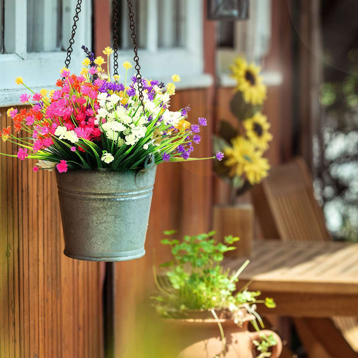 2 Bundles Artificial Fake Plastic Flowers for Outdoor Decoration UV Resistant