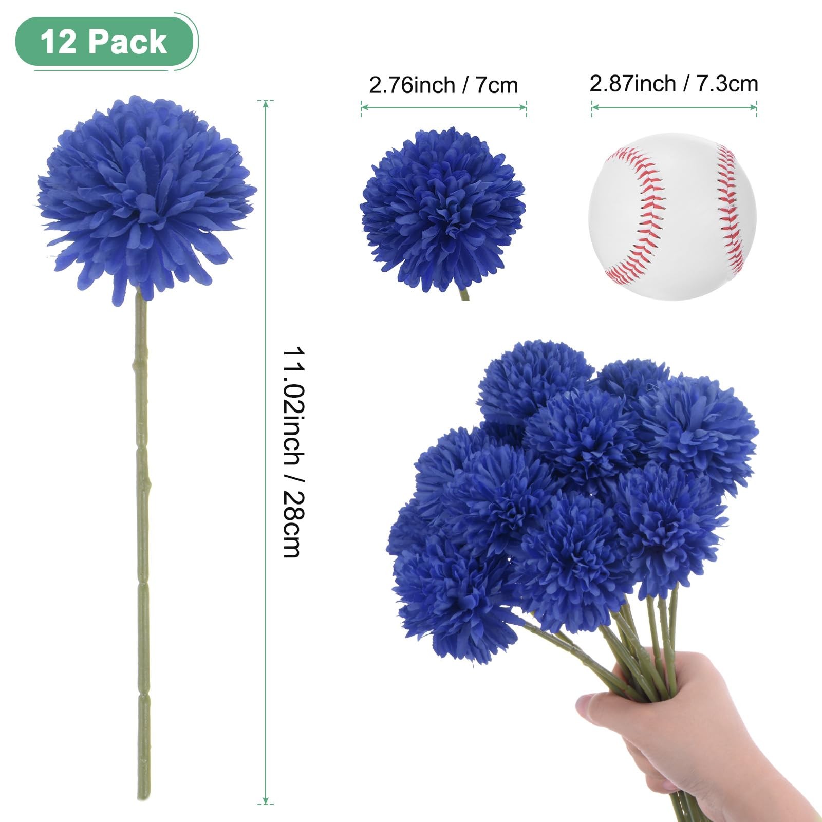 12 PCS Dark Blue 11 Inch Artificial Chrysanthemum Ball Flowers Silk Bouquets