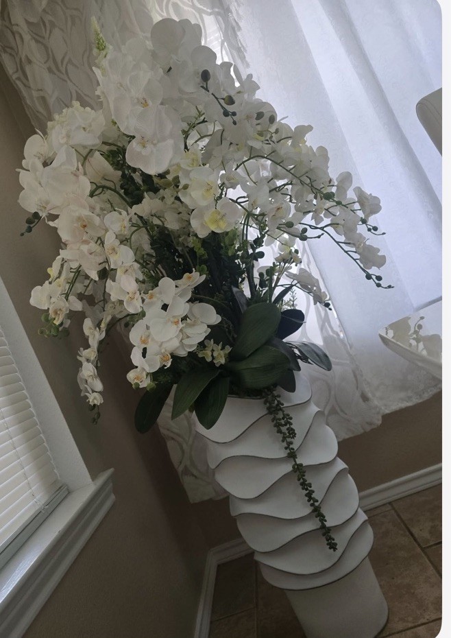 White Artificial Orchid Arrangement & Centerpiece with Greenery in White Vase