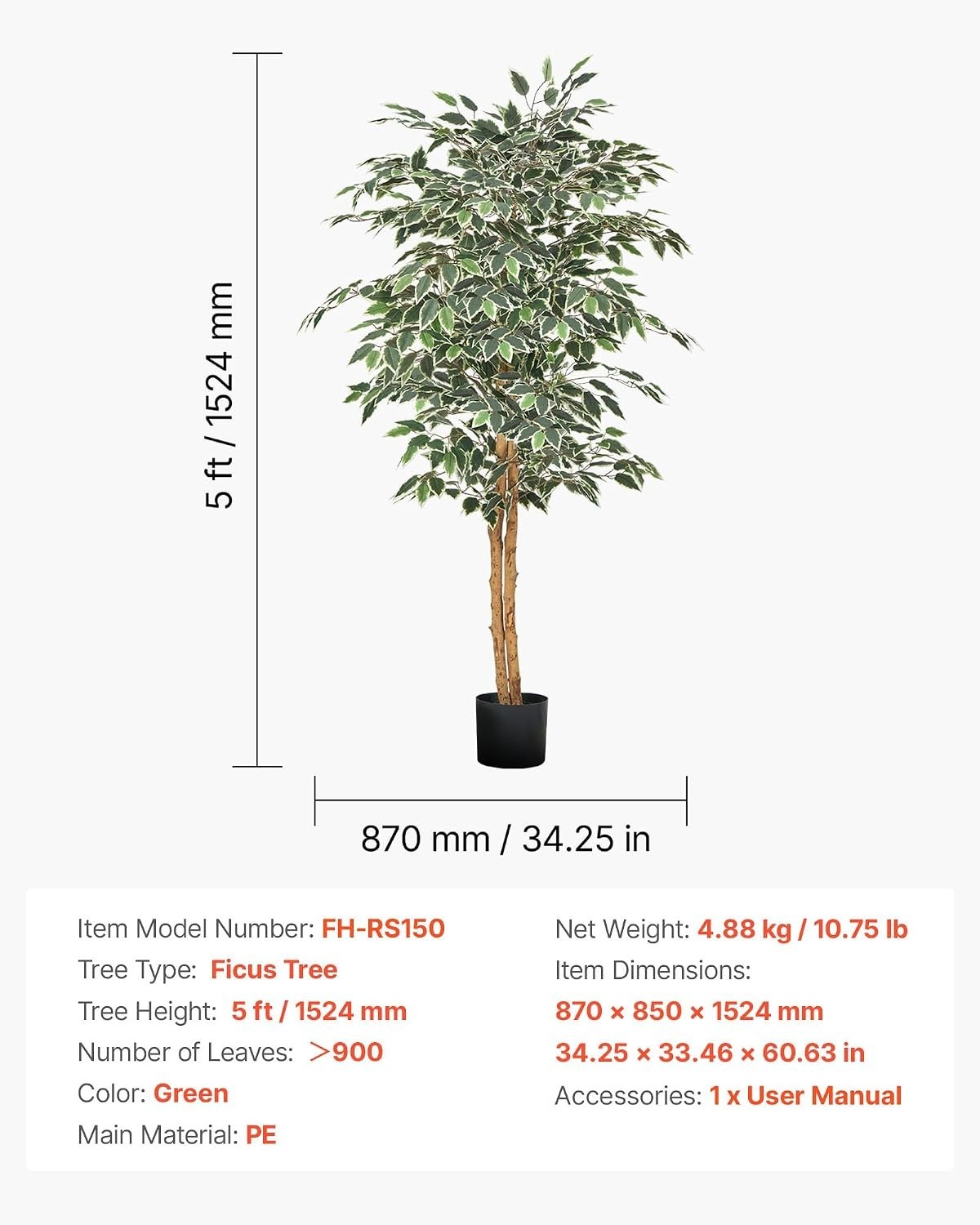 5FT Artificial Ficus Tree with Black Pot, Tall Faux Ficus Plant with Natural …
