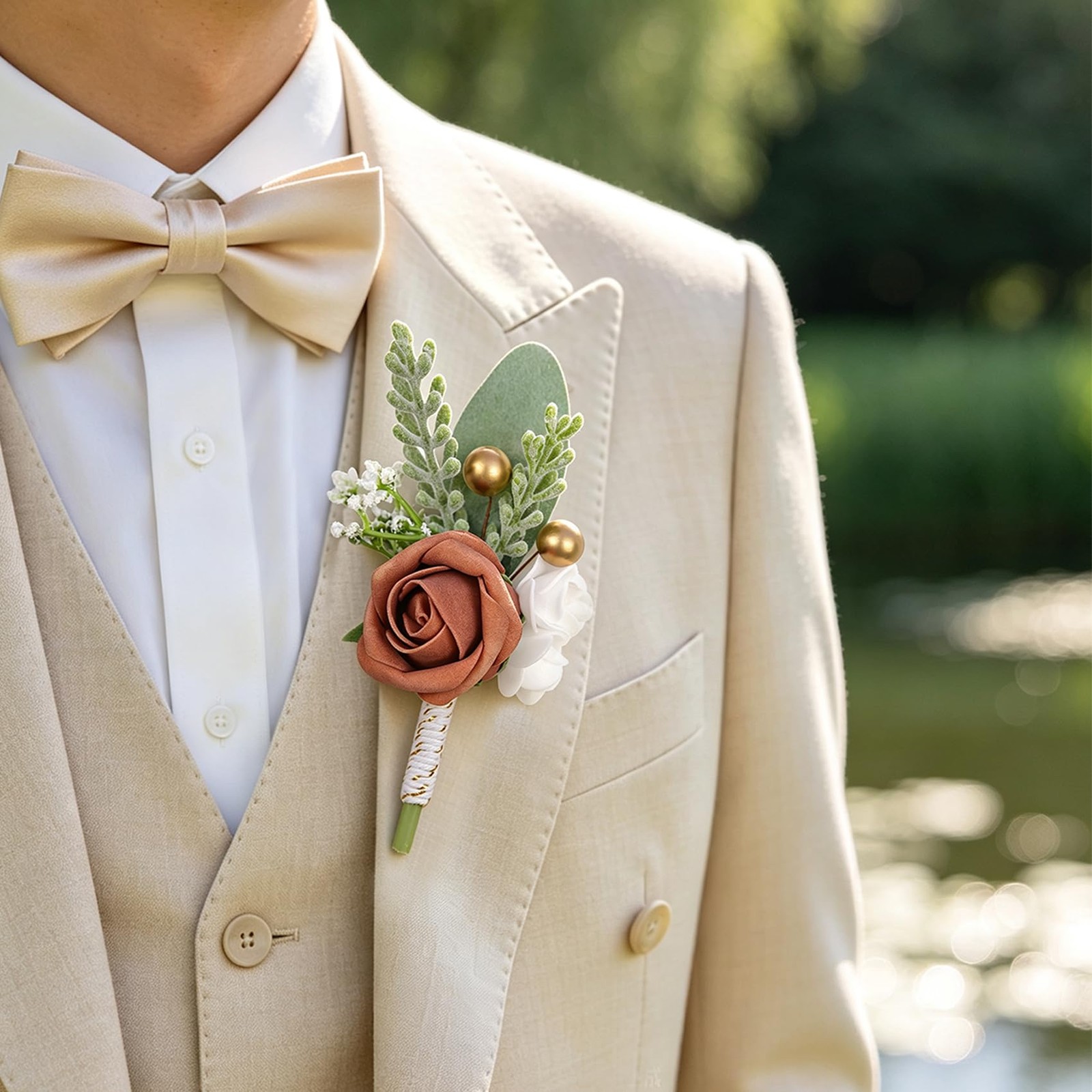 Burnt Orange Faux Foam Rose Boutonnieres for Men Wedding 6Pcs