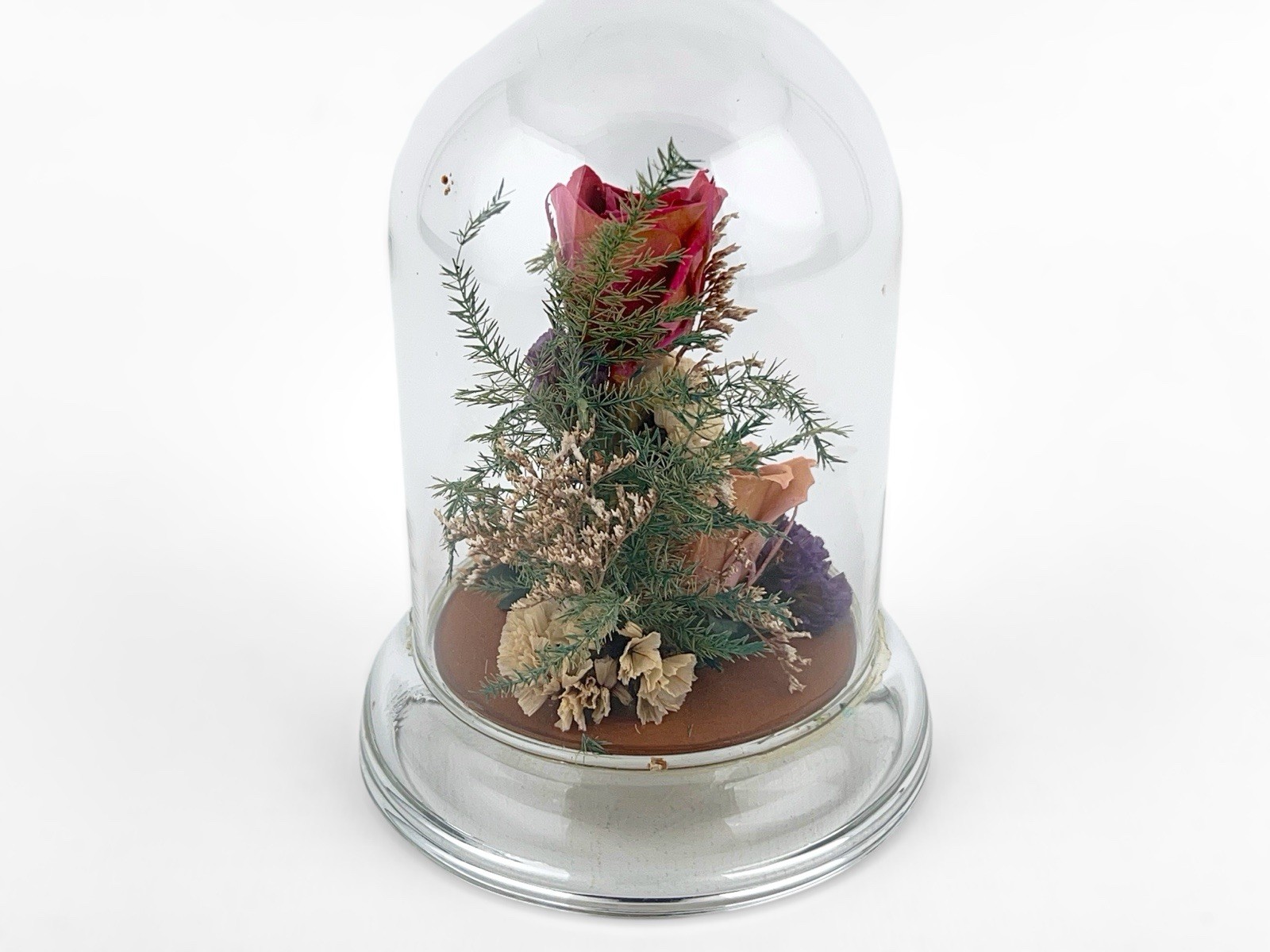Vintage Dried Pink Rose Flower Arrangement Preserved in 5″ Glass Dome