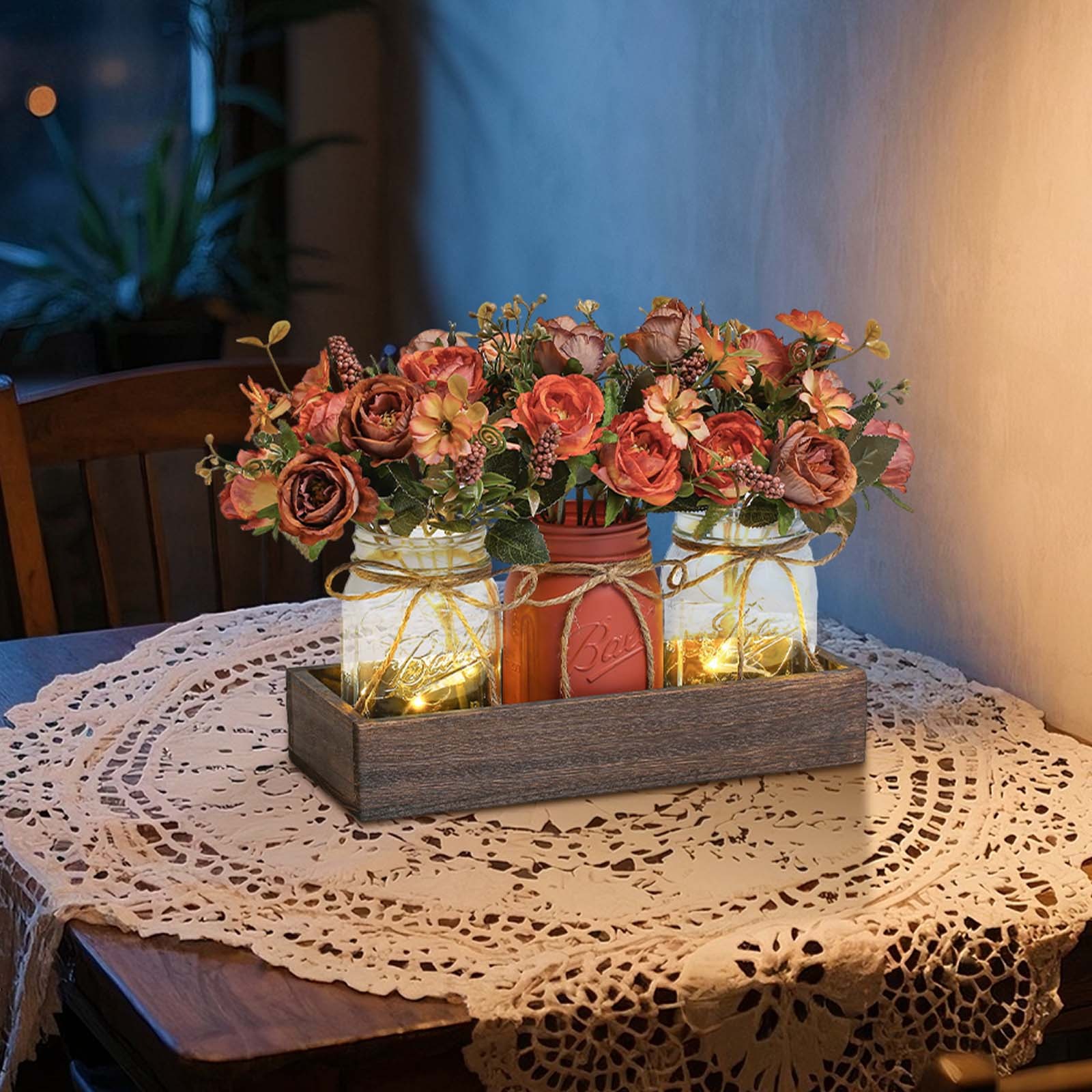 3-Piece Set Mason Jar with Artificial Flowers Rose Centerpiece Table Decoration