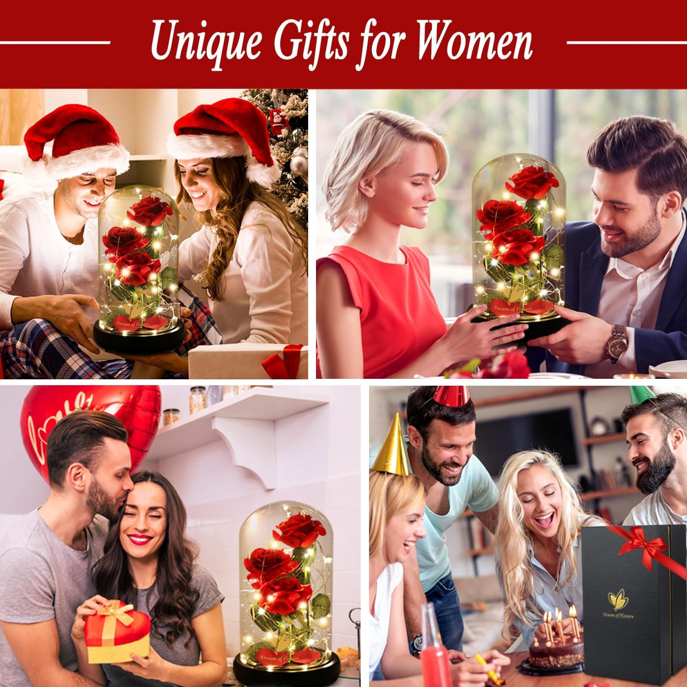 Christmas Flower Gifts for Women,Beauty and the Beast Rose in Glass Dome with 2