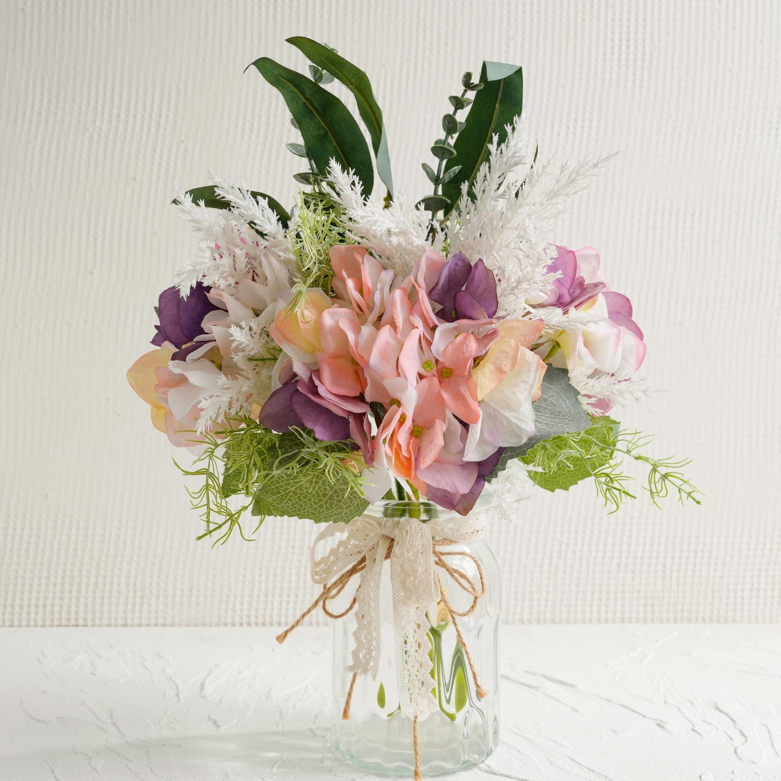 Fake Flowers with Vase, Artificial Pink & Purple Hydrangea Arrangement, Sprin…