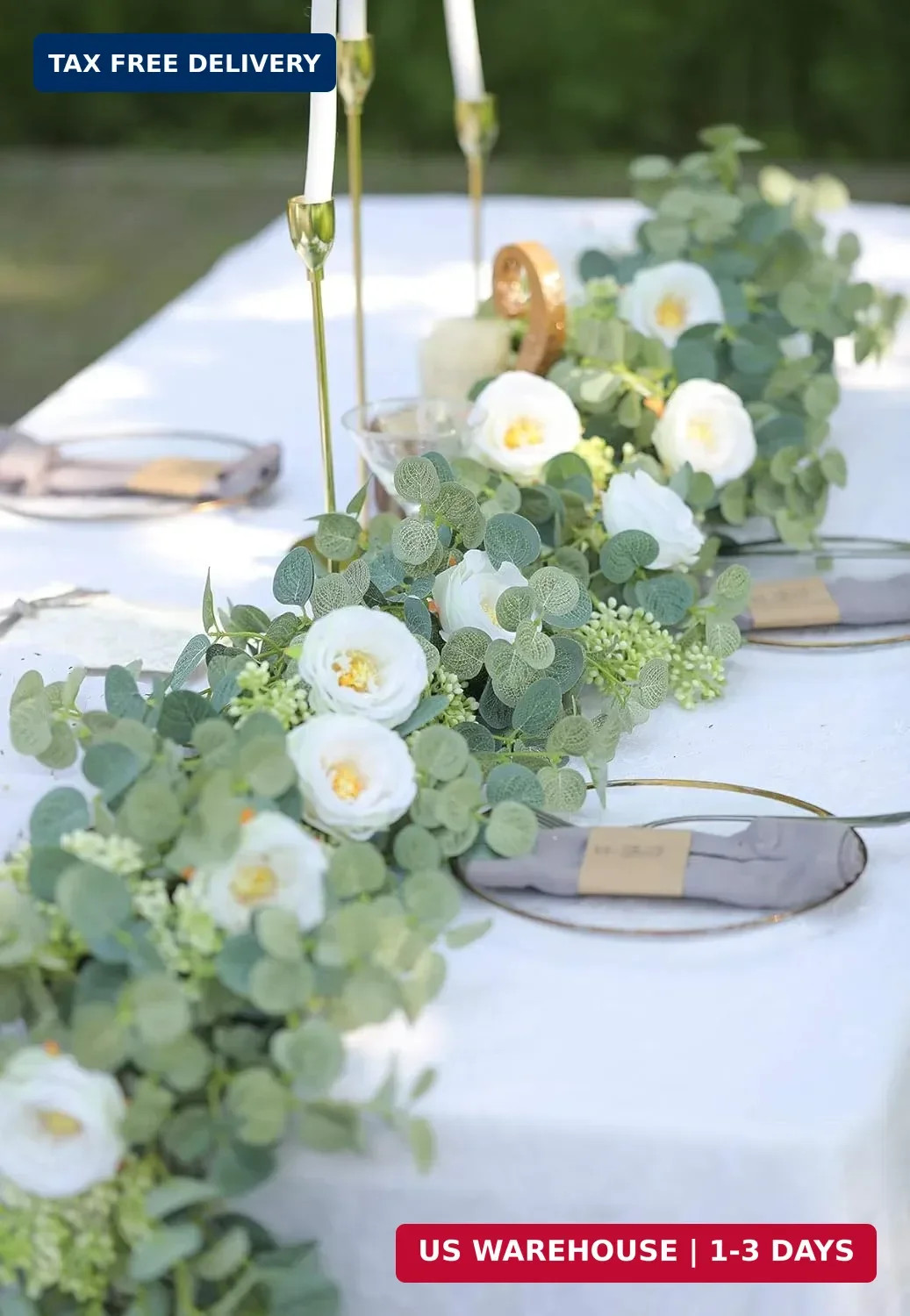PARTY JOY 6.56ft Eucalyptus Garland with Flowers-8 White Roses, Artificial Fake
