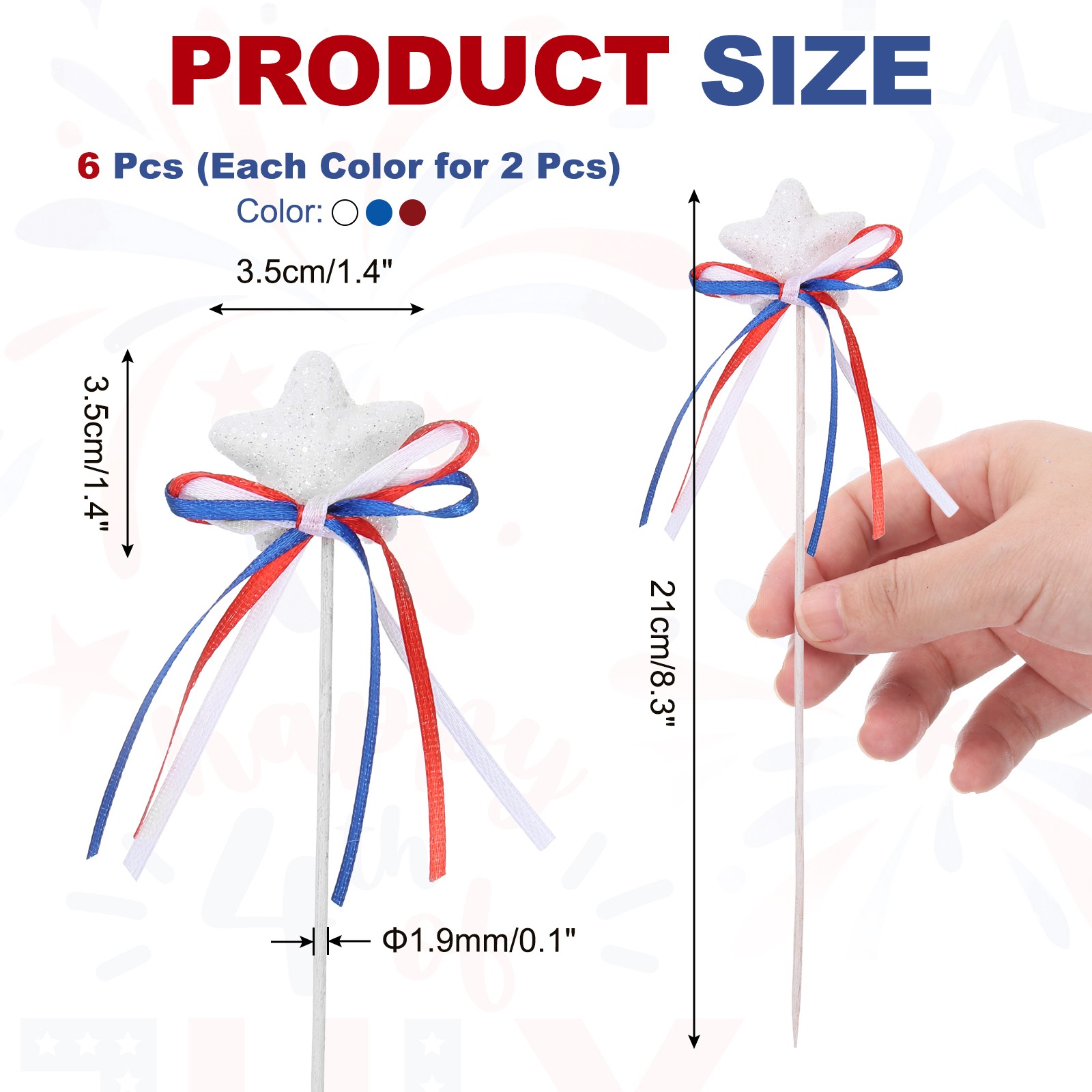 6 Pcs 8″ 4th of July Glitter Star Picks with Bowknot (White/Navy Blue/Red)