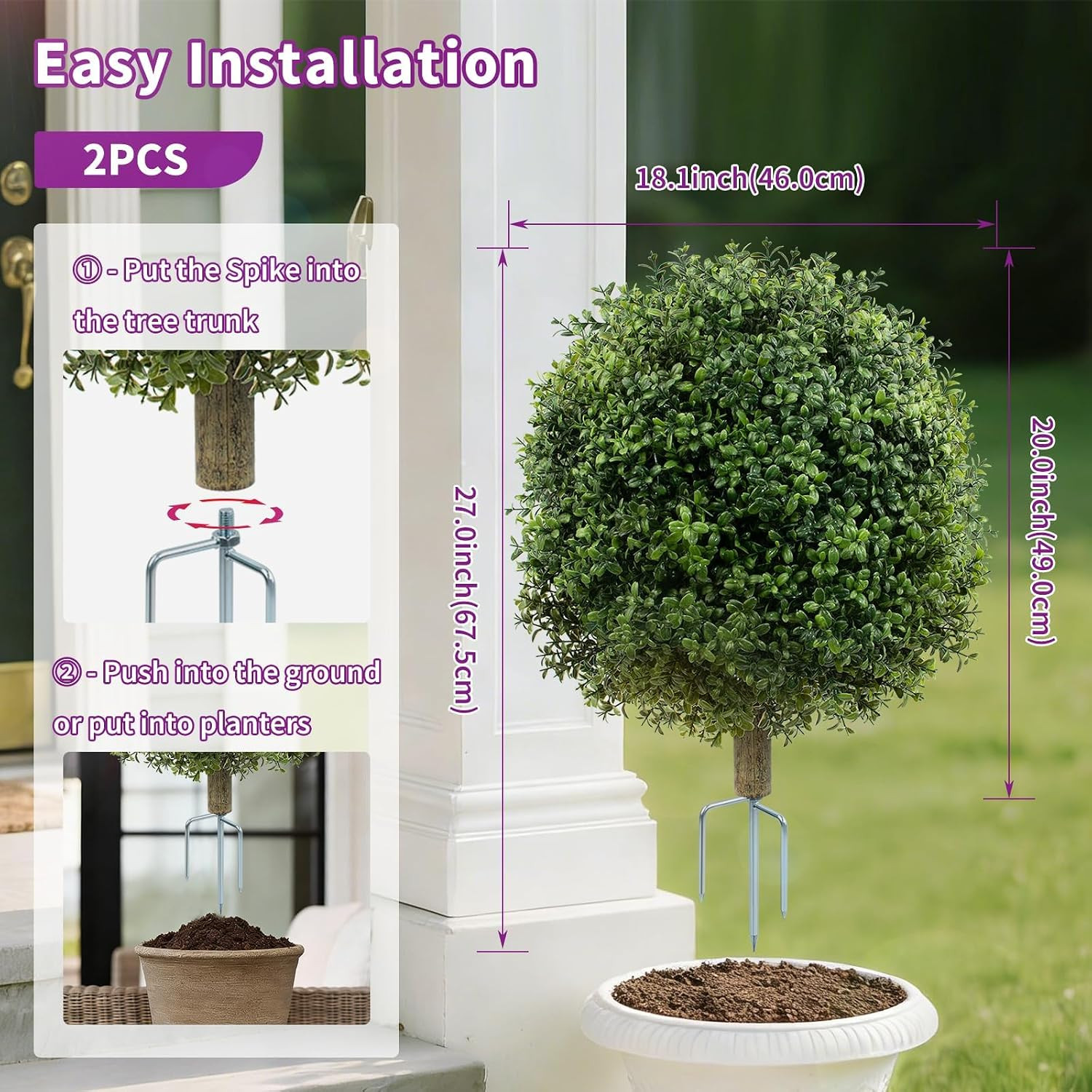 Set of 2 Artificial Boxwood Topiary Ball Trees, 27 Inch Faux Boxwood Bush with M