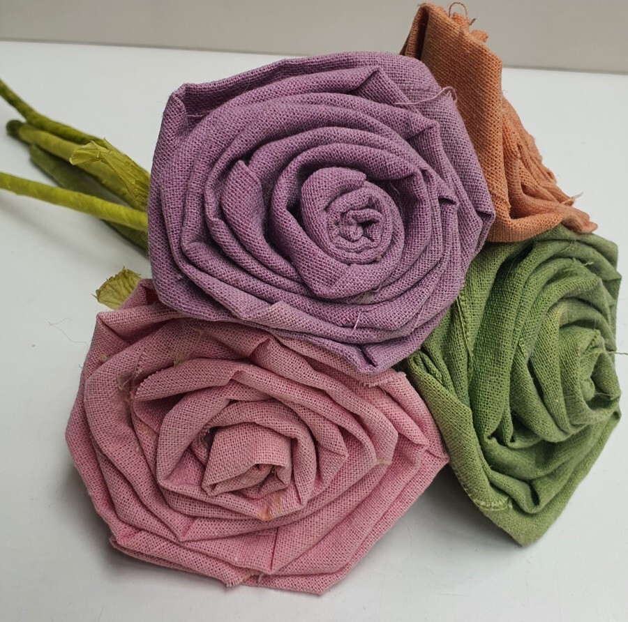 Handmade Linen Material Roses on Green Stems Shabby Chic 30cm Tall Multicolour