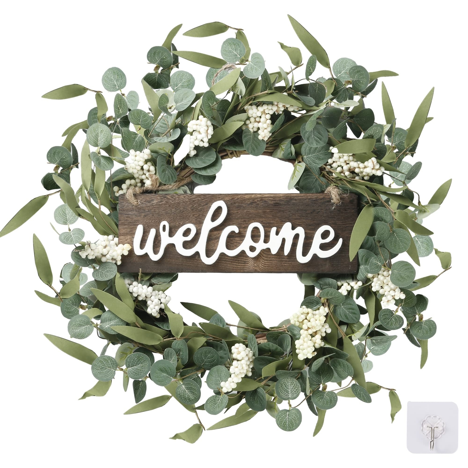 Sggvecsy Green Artificial Eucalyptus Wreath with Welcome Sign 20in Spring Sum…