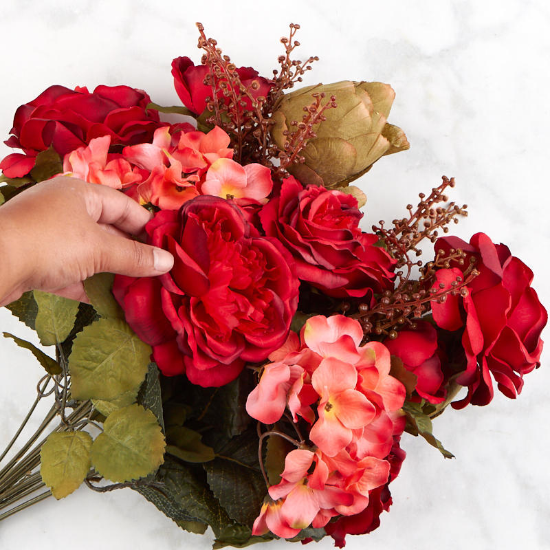 23″ Red Artificial Cabbage Rose and Hydrangea Floral Bush