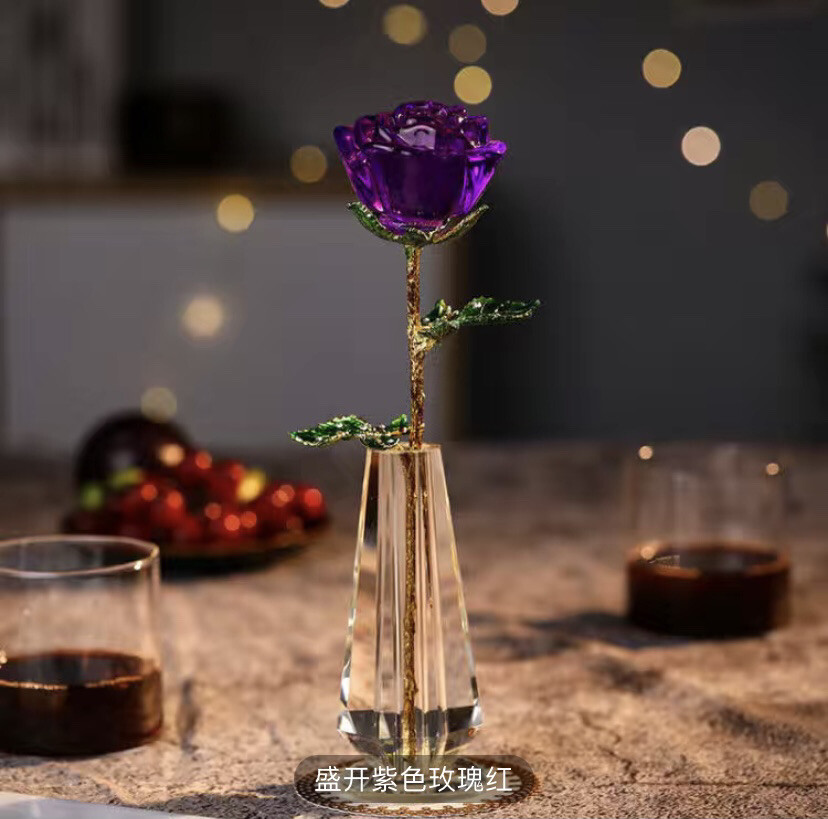 CrystalGlass Purple💜Rose Flower Gold Plated Long Stem Valentine’s Day💜Gift Box