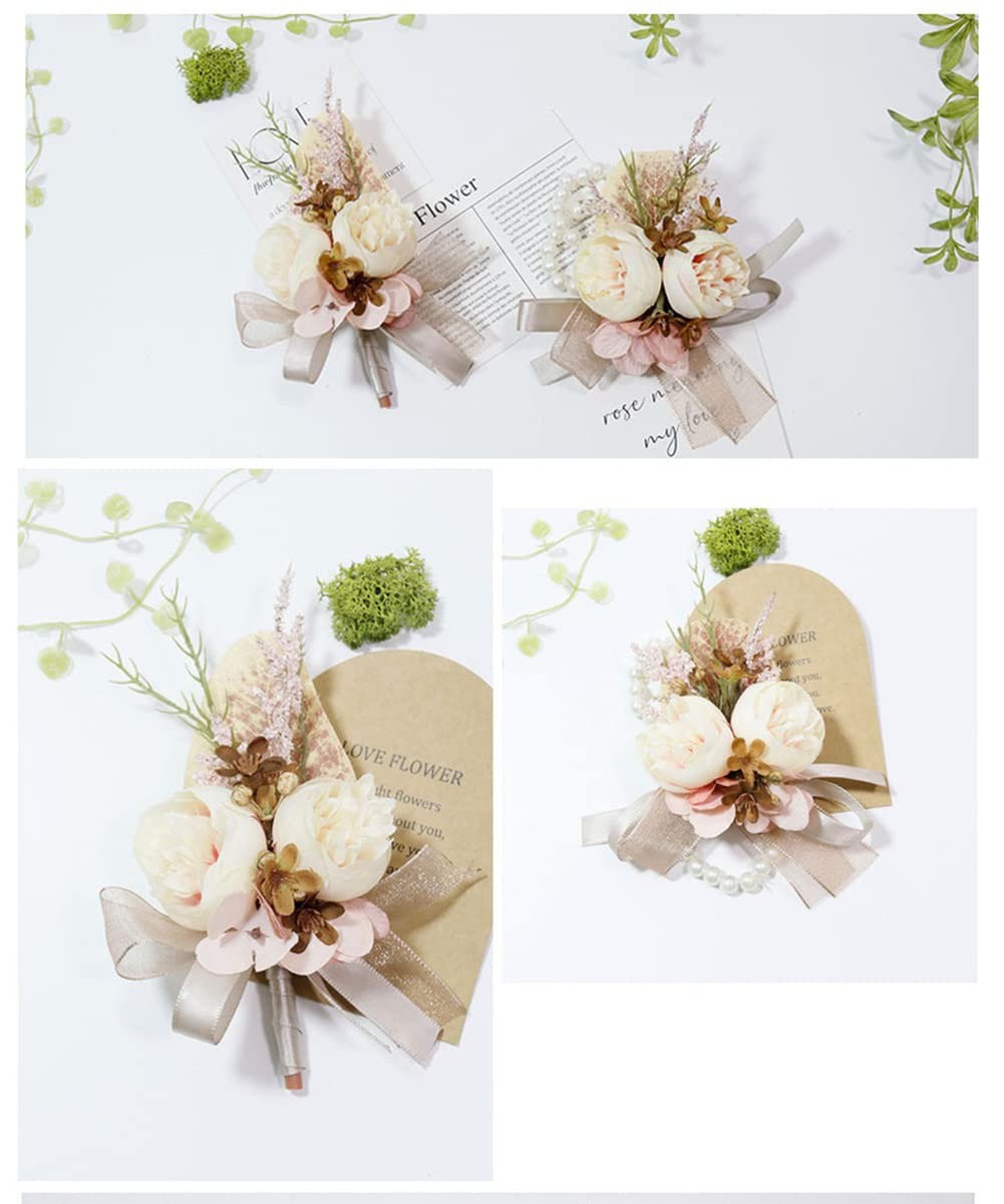 2 PCS Wrist Corsage Boutonniere Set Artificial Flowers Creamy Brown Pink Prom