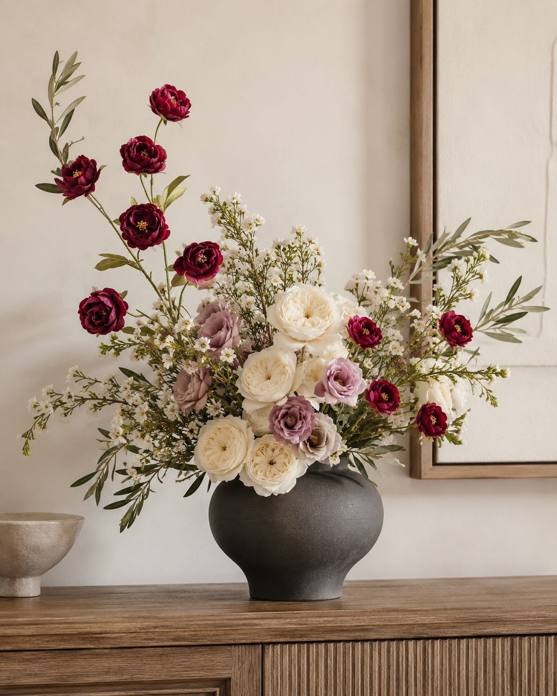 Burgundy Dark Red Ranunculus Peony Stems Set of 2, 30 in Artificial Fall Flowers