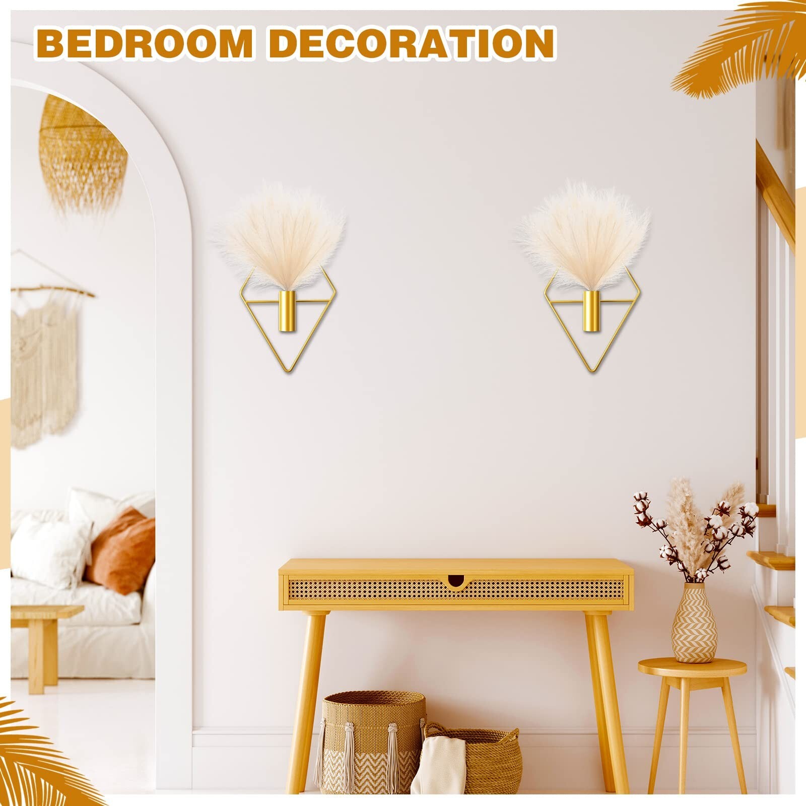 Jexine 2 Pcs Boho Wall Decor Gold Hanging Planters with Artificial Plants Wal…